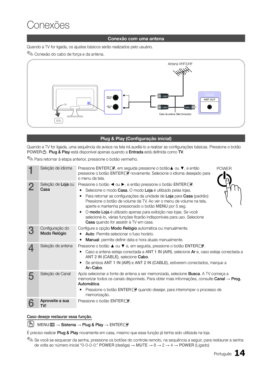 Samsung LT22A300EW/EN manual Conexão com uma antena, Plug & Play Configuração inicial, Menu da tela, Antena VHF/UHF 