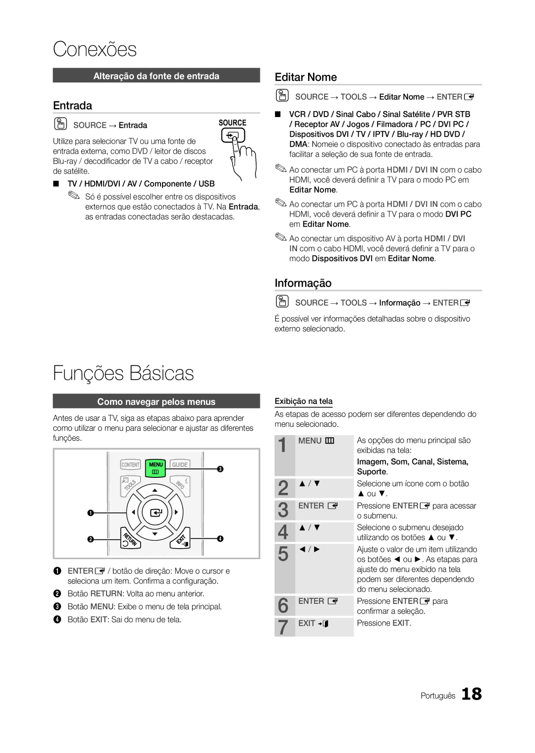 Samsung LT22A300EW/EN manual Entrada, Editar Nome, Informação, Alteração da fonte de entrada, Como navegar pelos menus 