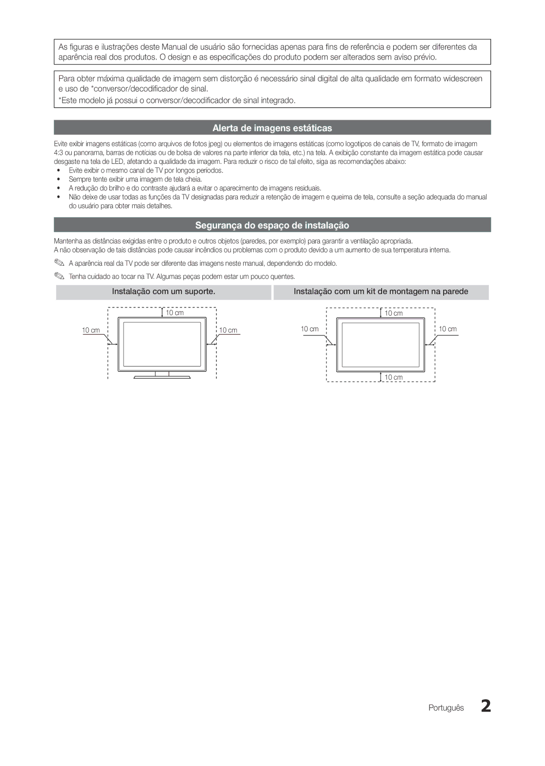 Samsung LT22A300EW/EN Alerta de imagens estáticas, Segurança do espaço de instalação, Instalação com um suporte, Português 