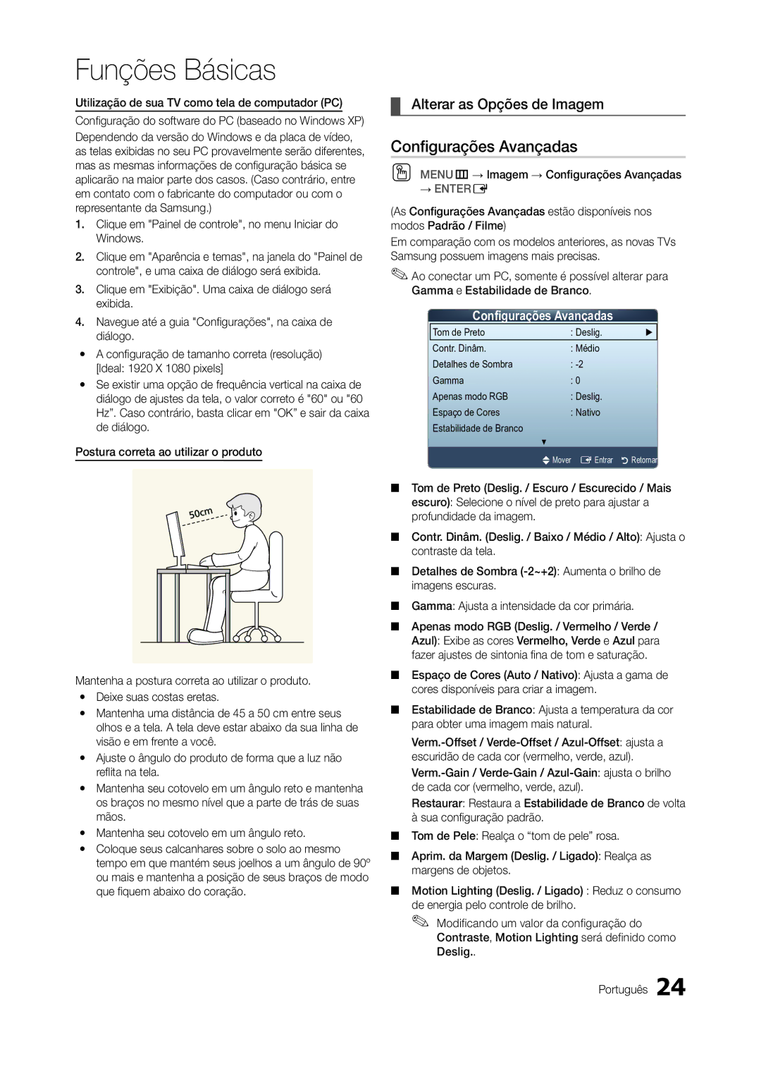 Samsung LT22A300EW/EN manual Configurações Avançadas, Alterar as Opções de Imagem 