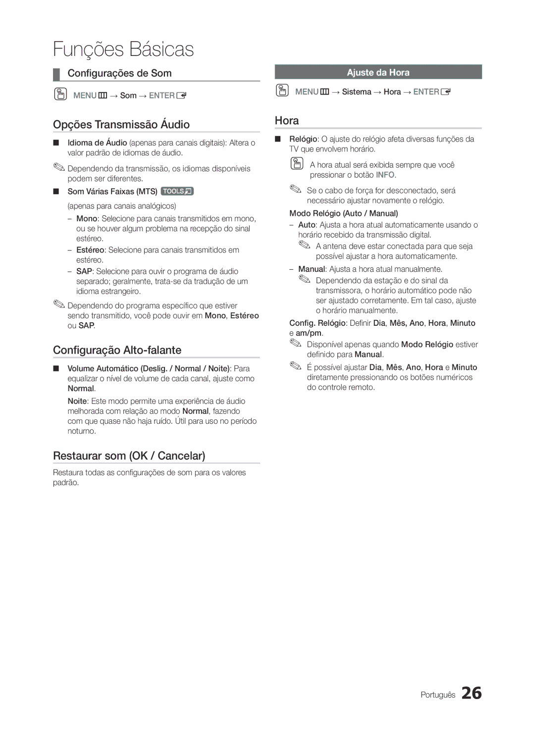 Samsung LT22A300EW/EN manual Opções Transmissão Áudio, Configuração Alto-falante, Restaurar som OK / Cancelar, Hora 