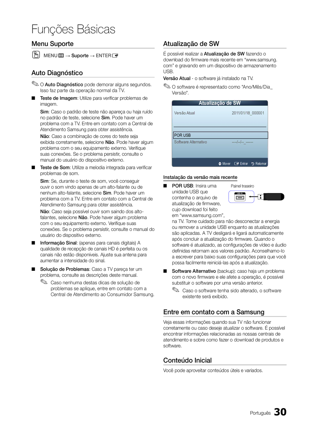 Samsung LT22A300EW/EN Menu Suporte, Auto Diagnóstico, Atualização de SW, Entre em contato com a Samsung, Conteúdo Inicial 