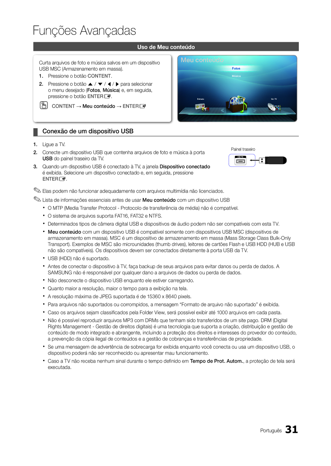 Samsung LT22A300EW/EN manual Conexão de um dispositivo uSB, Uso de Meu conteúdo, USB do painel traseiro da TV 