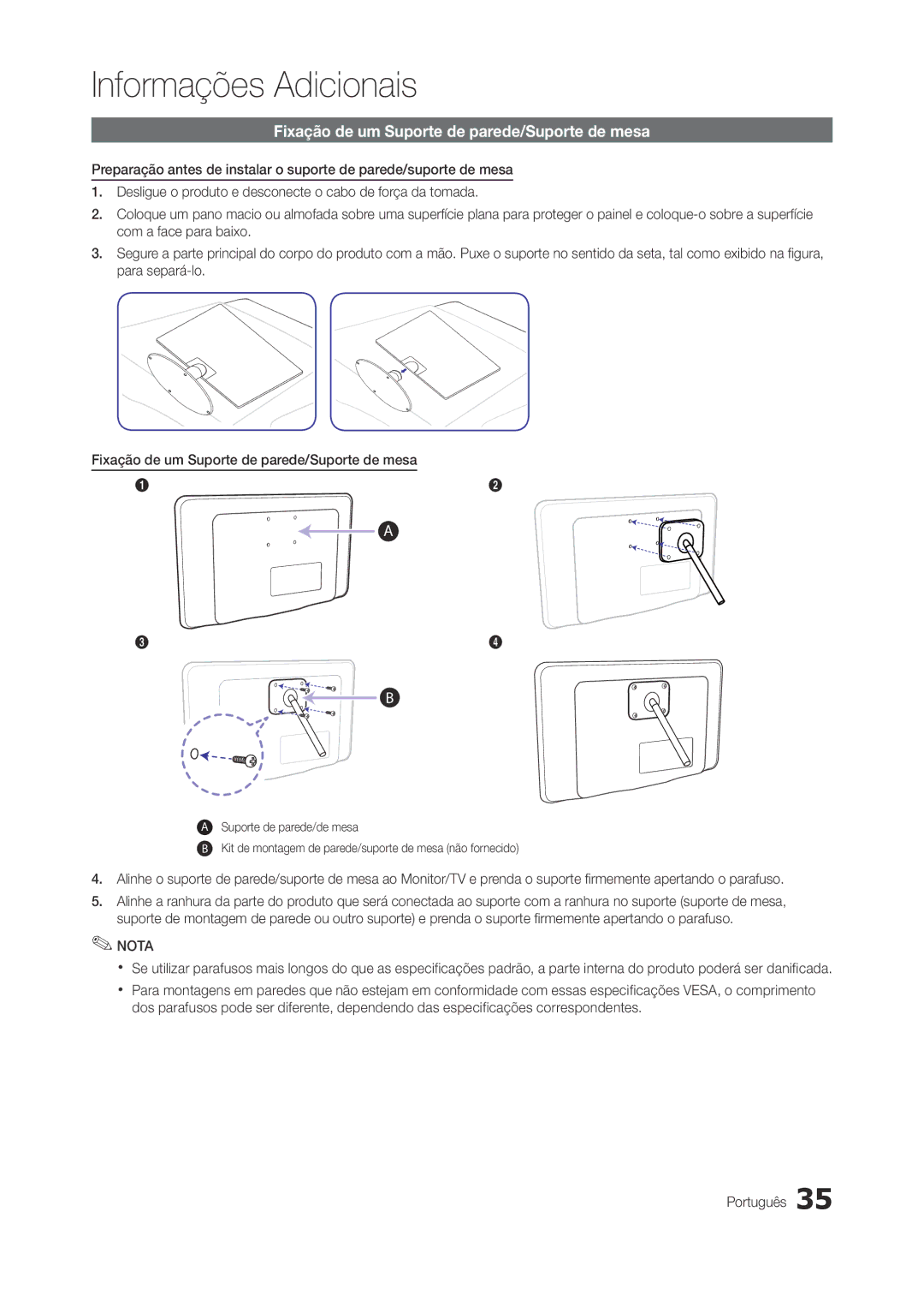 Samsung LT22A300EW/EN manual Informações Adicionais, Fixação de um Suporte de parede/Suporte de mesa 