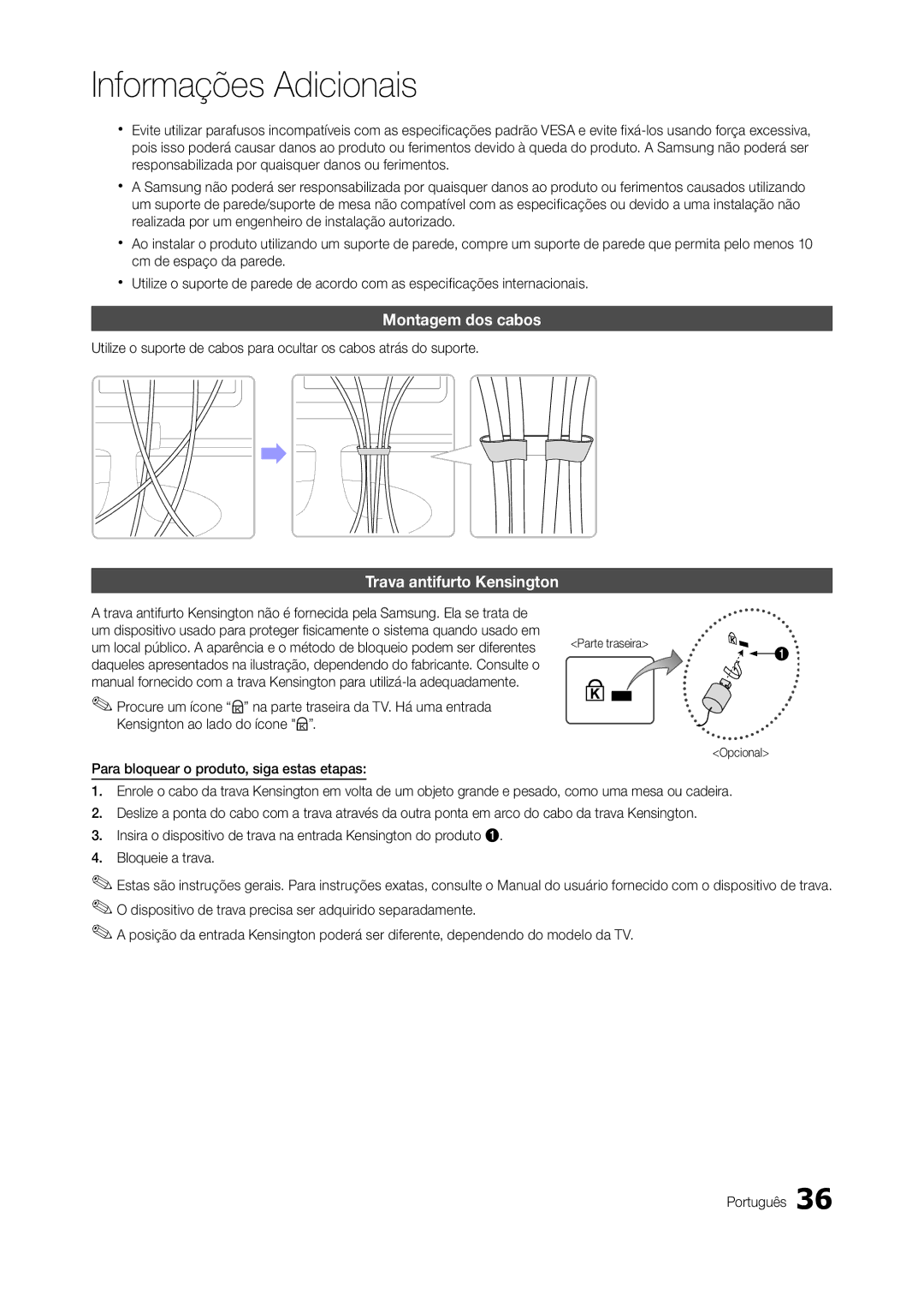 Samsung LT22A300EW/EN manual Montagem dos cabos, Trava antifurto Kensington, Opcional 