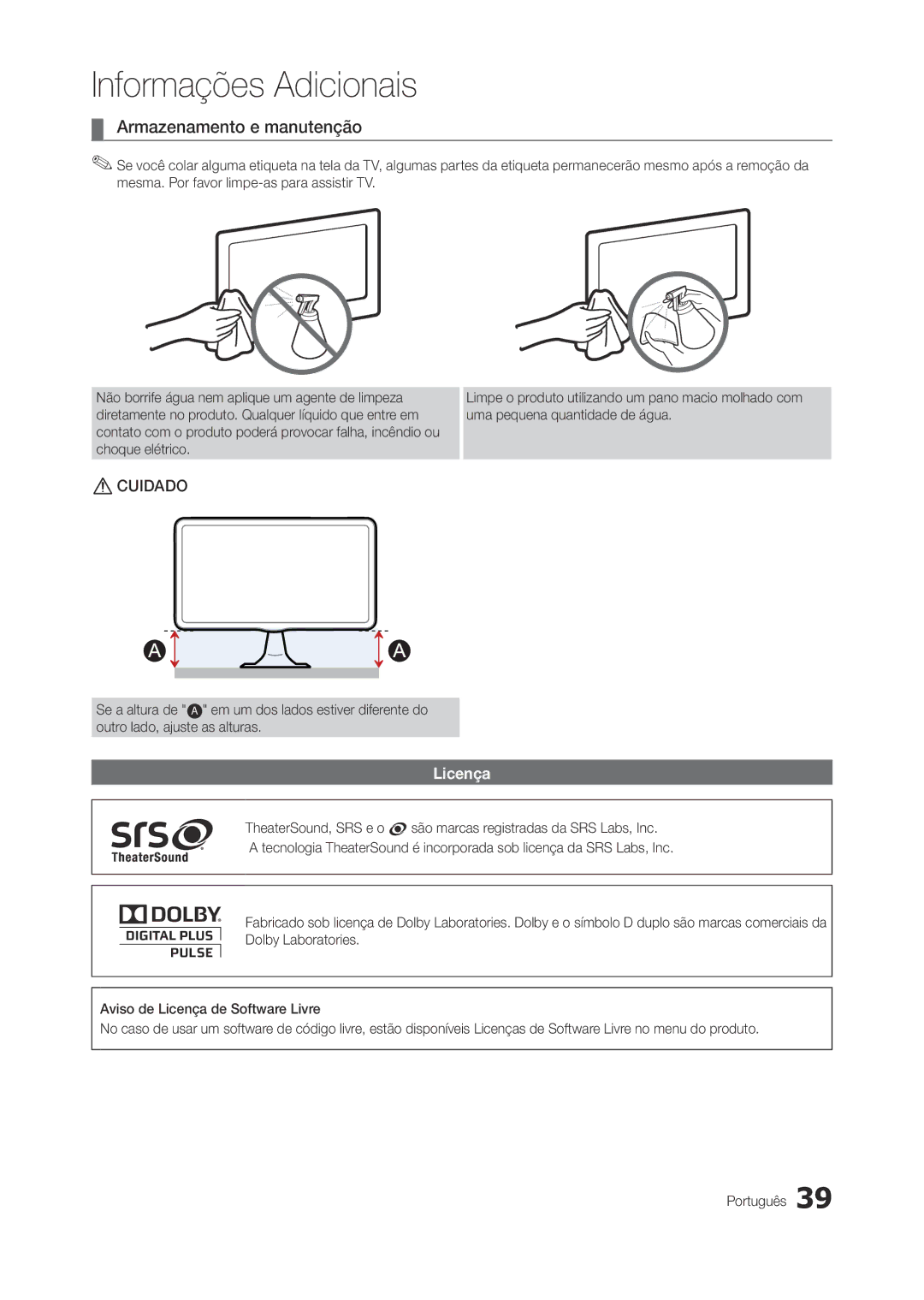 Samsung LT22A300EW/EN manual Armazenamento e manutenção, Licença, Em um dos lados estiver diferente do as alturas 