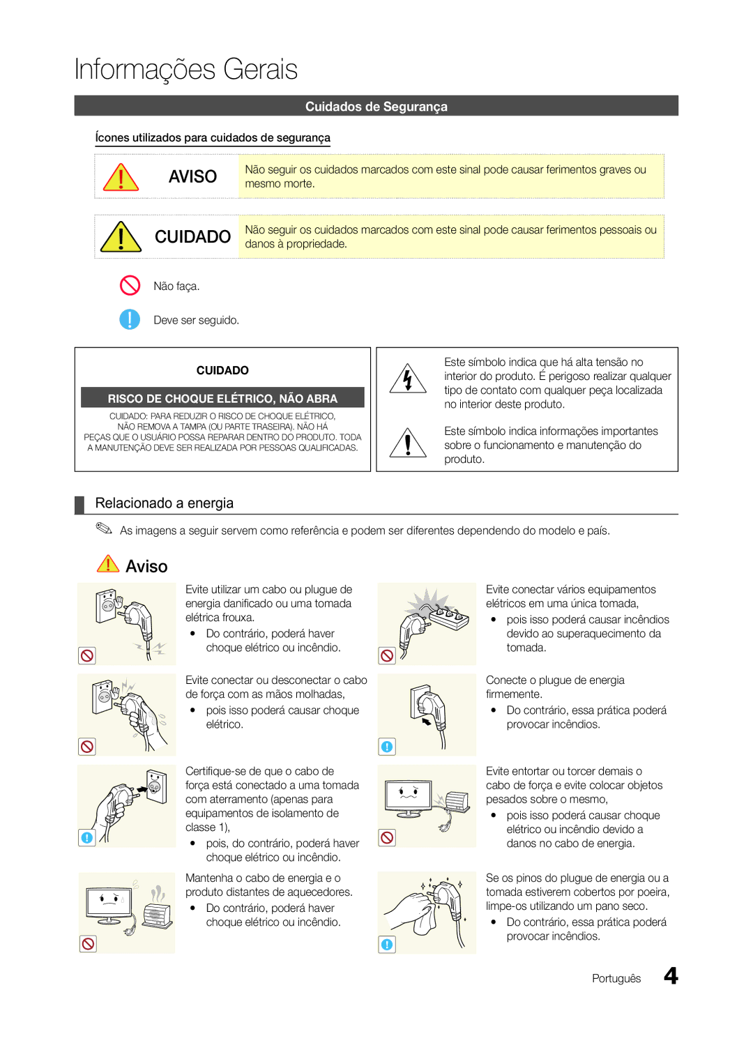 Samsung LT22A300EW/EN manual Relacionado a energia, Cuidados de Segurança 
