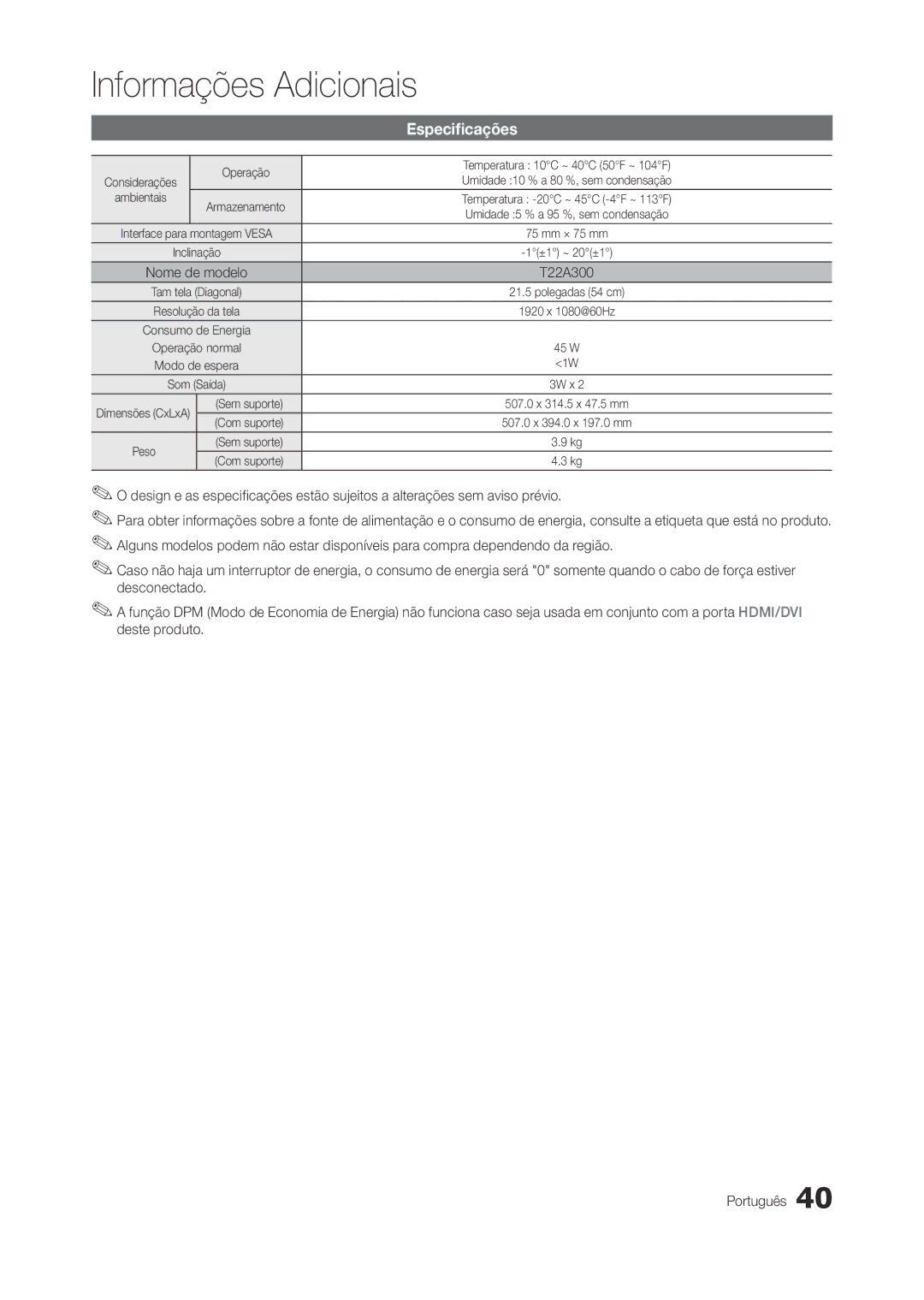 Samsung LT22A300EW/EN manual Especificações 