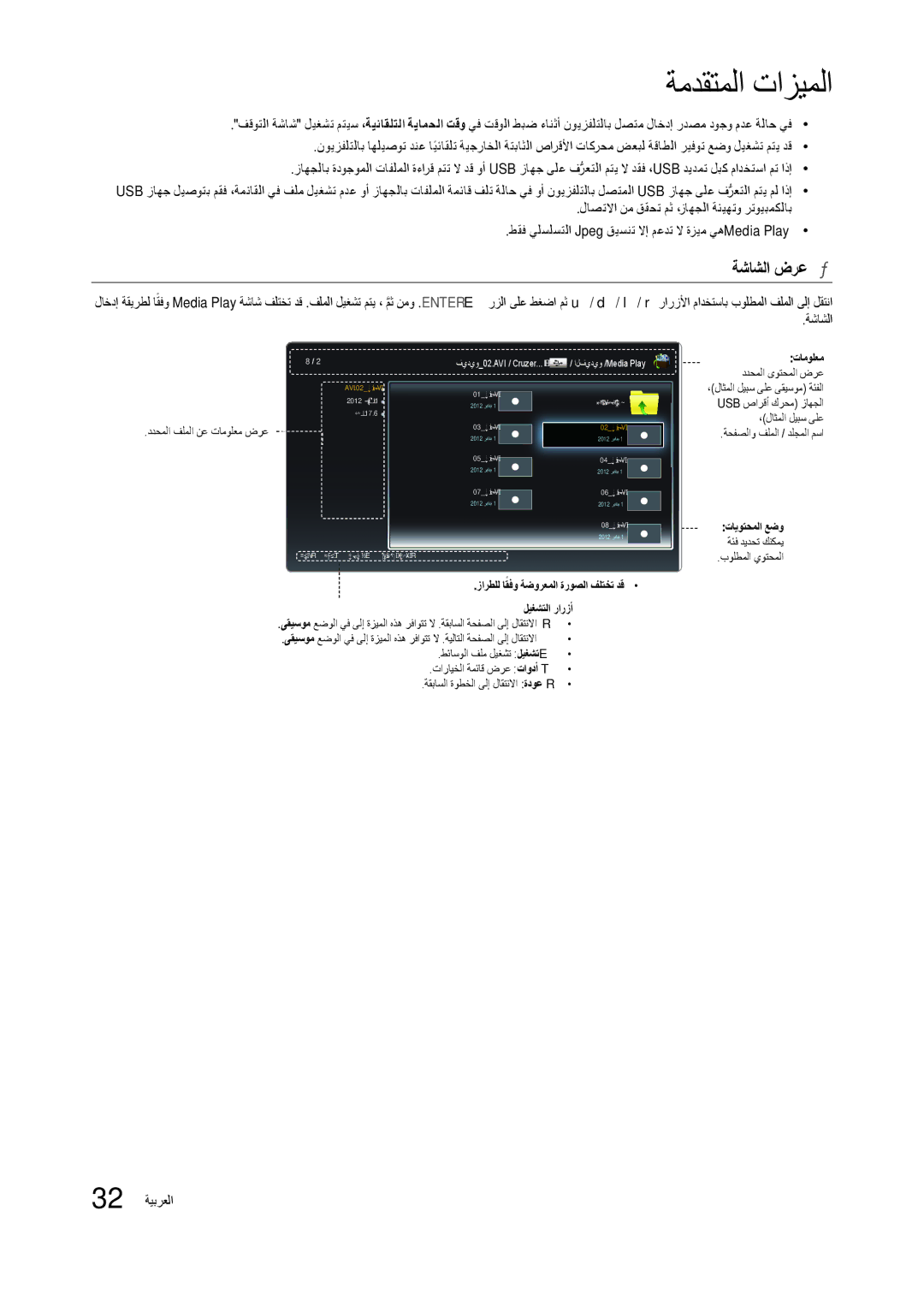 Samsung LT27B300MW/ZR manual ةشاشلا ضرع, 32 ةيبرعلا, تايوتحملا عضو, زارطلل اقفوً ةضورعملا ةروصلا فلتخت دق ليغشتلا رارزأ 