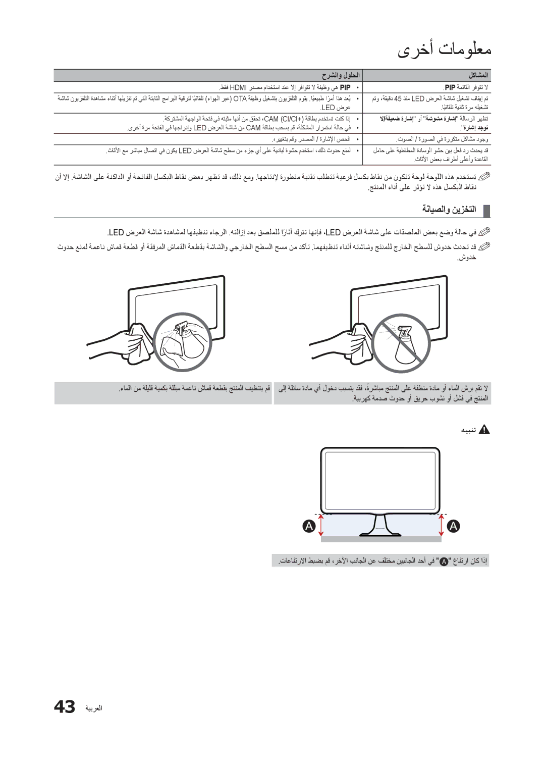 Samsung LS22B350BS/NG manual ةنايصلاو نيزختلا, ةيبرهك ةمدص ثودح وأ قيرح بوشن وأ لشف يف جتنملا, عافترا ناك اذإ 43 ةيبرعلا 