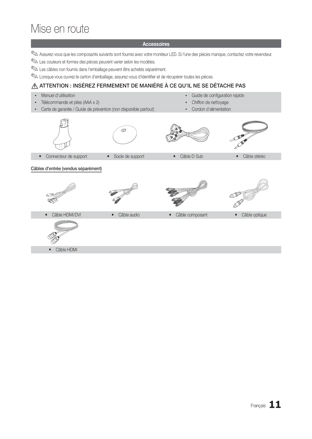 Samsung LT27B300EWY/EN, LT22B350EW/EN, LS22B350BS/EN, LT24B300EW/EN, LT23B350EW/EN manual Accessoires, Yy Câble Hdmi Français 