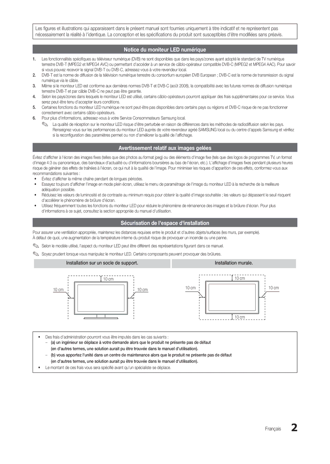 Samsung LT27B300EWY/EN Avertissement relatif aux images gelées, Sécurisation de lespace dinstallation, Installation murale 