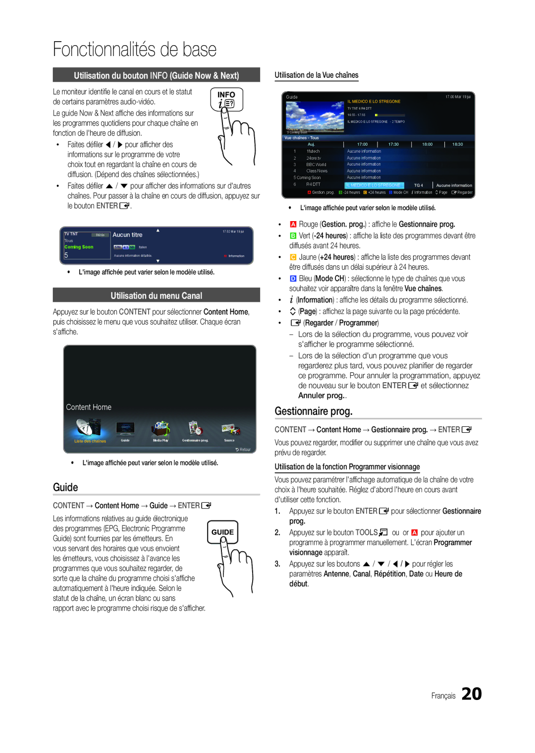 Samsung LT27B300EWY/EN manual Gestionnaire prog, Utilisation du bouton Info Guide Now & Next, Utilisation du menu Canal 