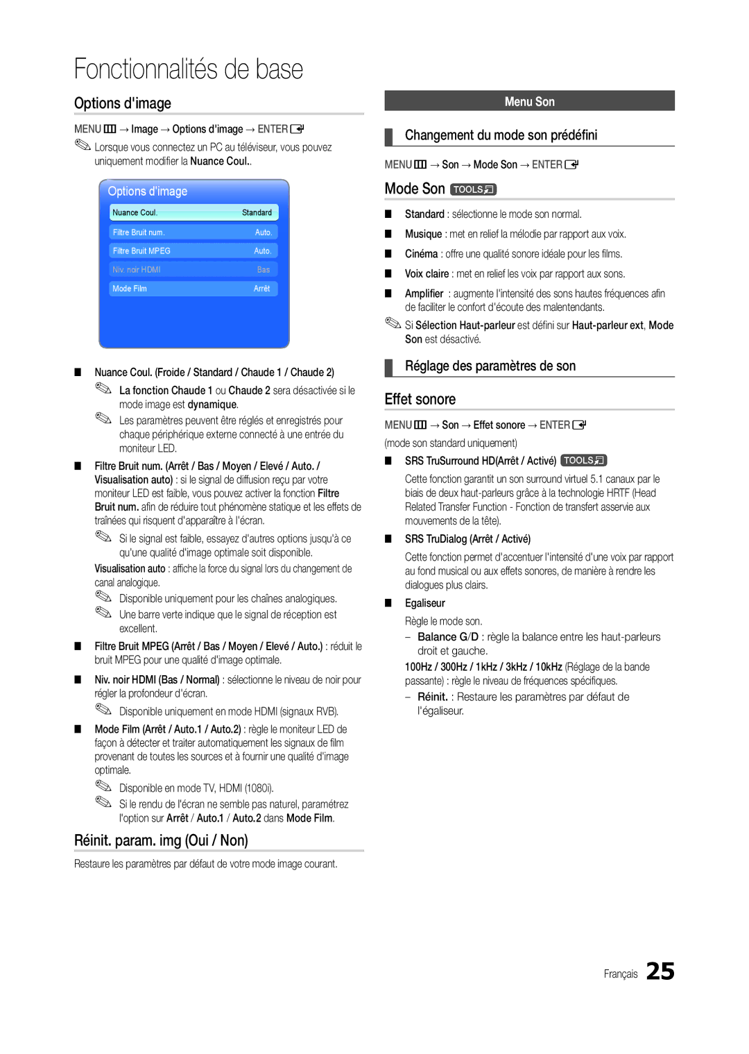 Samsung LT27B300EW/EN, LT22B350EW/EN, LS22B350BS/EN Options dimage, Réinit. param. img Oui / Non, Mode Son t, Effet sonore 