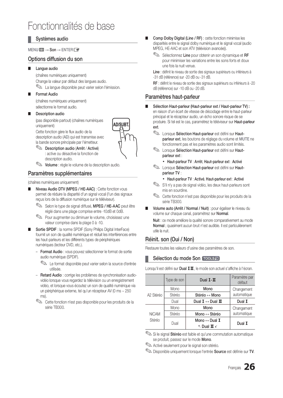 Samsung LT19B300EW/EN Options diffusion du son, Paramètres supplémentaires, Paramètres haut-parleur, Réinit. son Oui / Non 