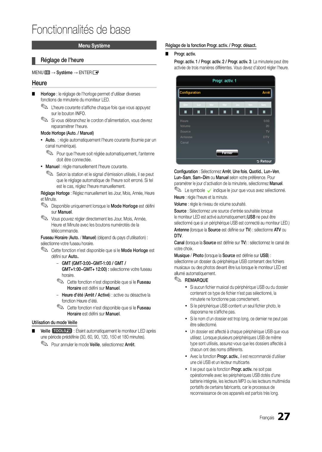 Samsung LT22B350EW/EN, LS22B350BS/EN, LT27B300EWY/EN, LT24B300EW/EN, LT23B350EW/EN Heure, Réglage de lheure, Menu Système 