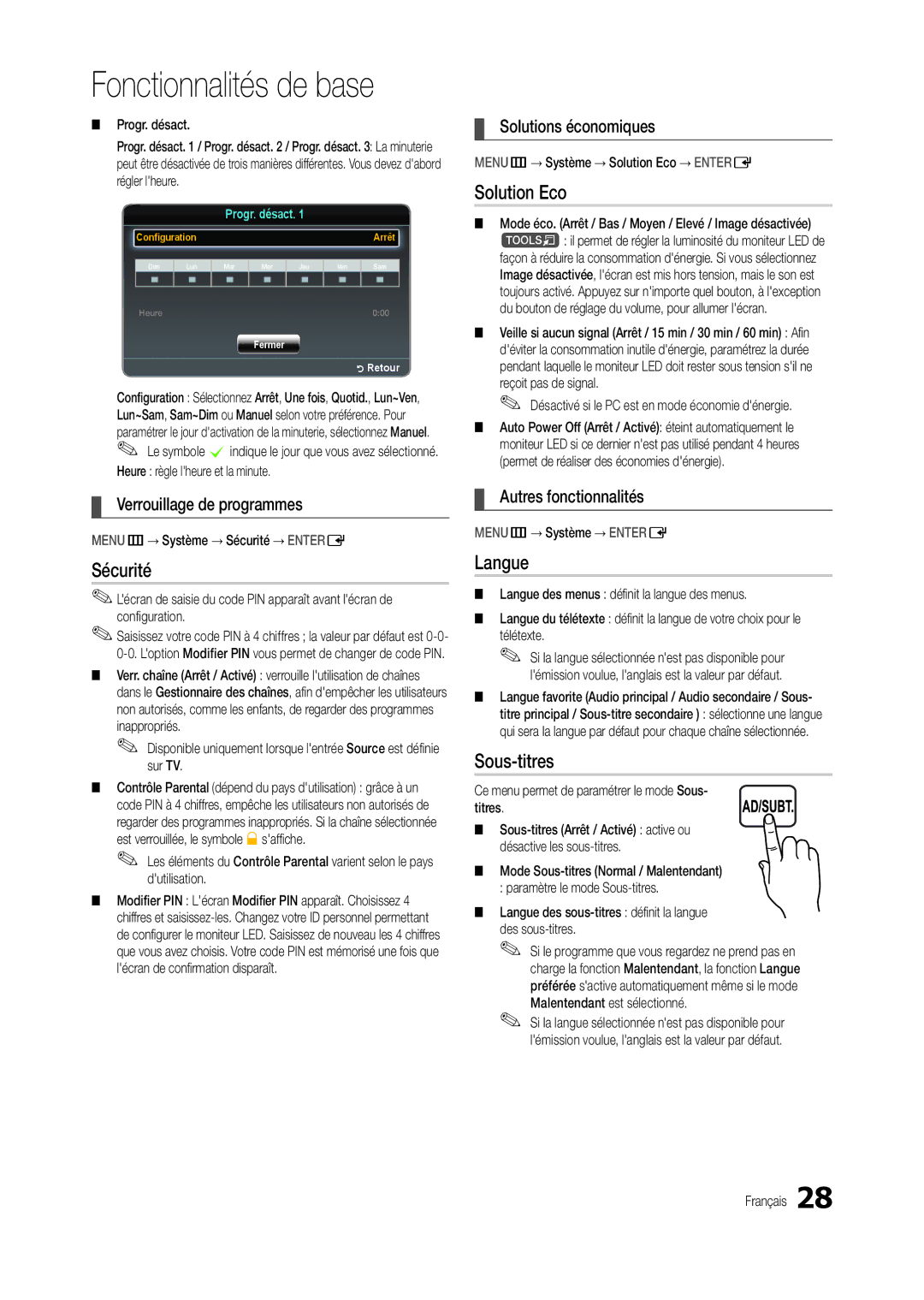 Samsung LS22B350BS/EN, LT22B350EW/EN, LT27B300EWY/EN, LT24B300EW/EN manual Sécurité, Solution Eco, Langue, Sous-titres 