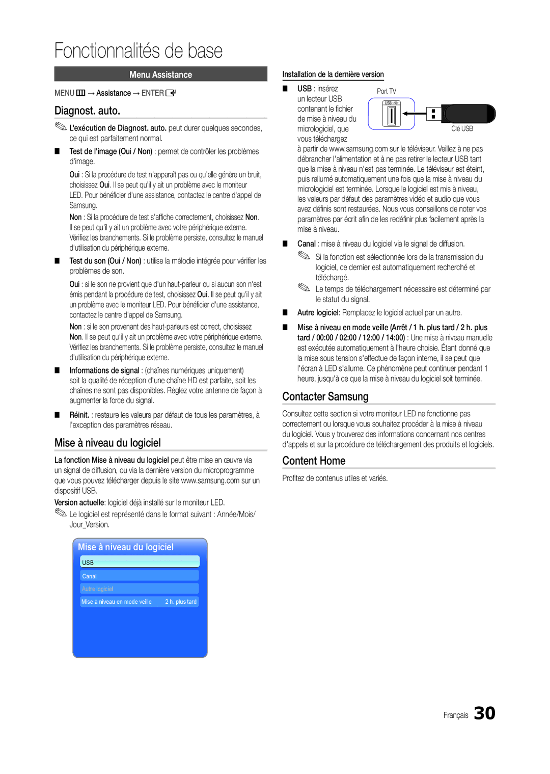 Samsung LT24B300EW/EN, LT22B350EW/EN manual Diagnost. auto, Mise à niveau du logiciel, Contacter Samsung, Content Home 