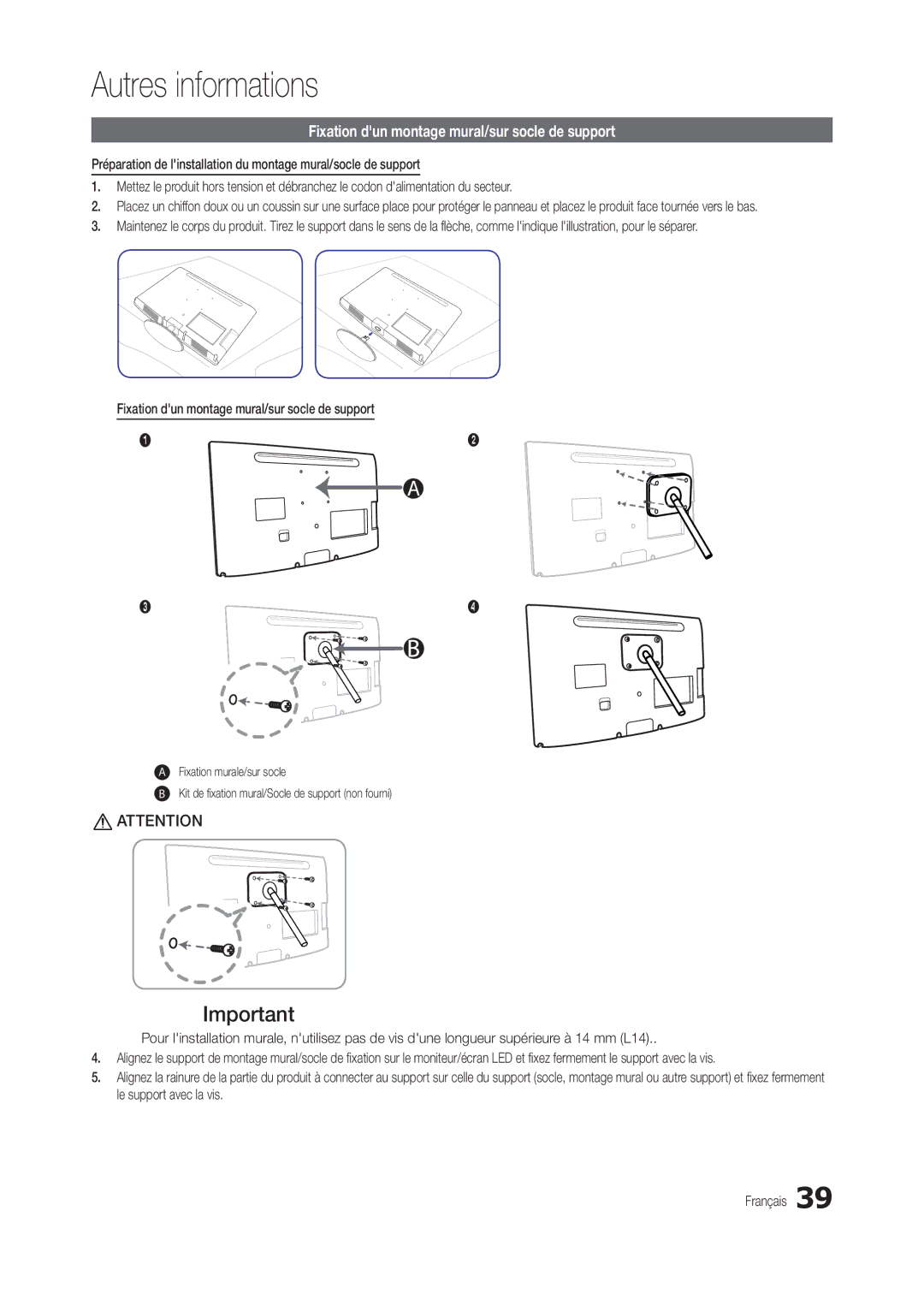 Samsung LT24B300EW/EN, LT22B350EW/EN, LS22B350BS/EN, LT27B300EWY/EN manual Fixation dun montage mural/sur socle de support 