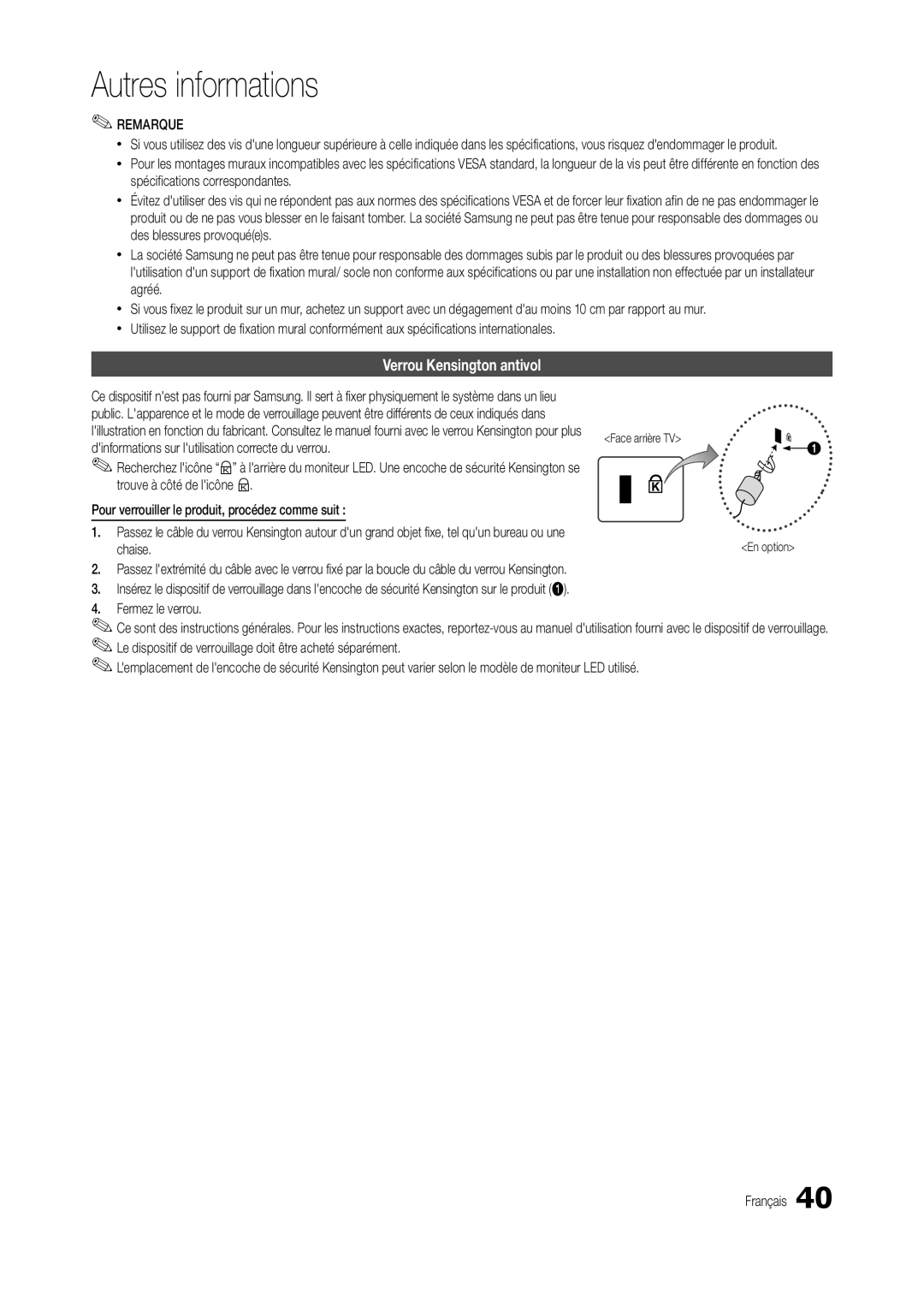 Samsung LT23B350EW/EN, LT22B350EW/EN manual Verrou Kensington antivol, Dinformations sur lutilisation correcte du verrou 