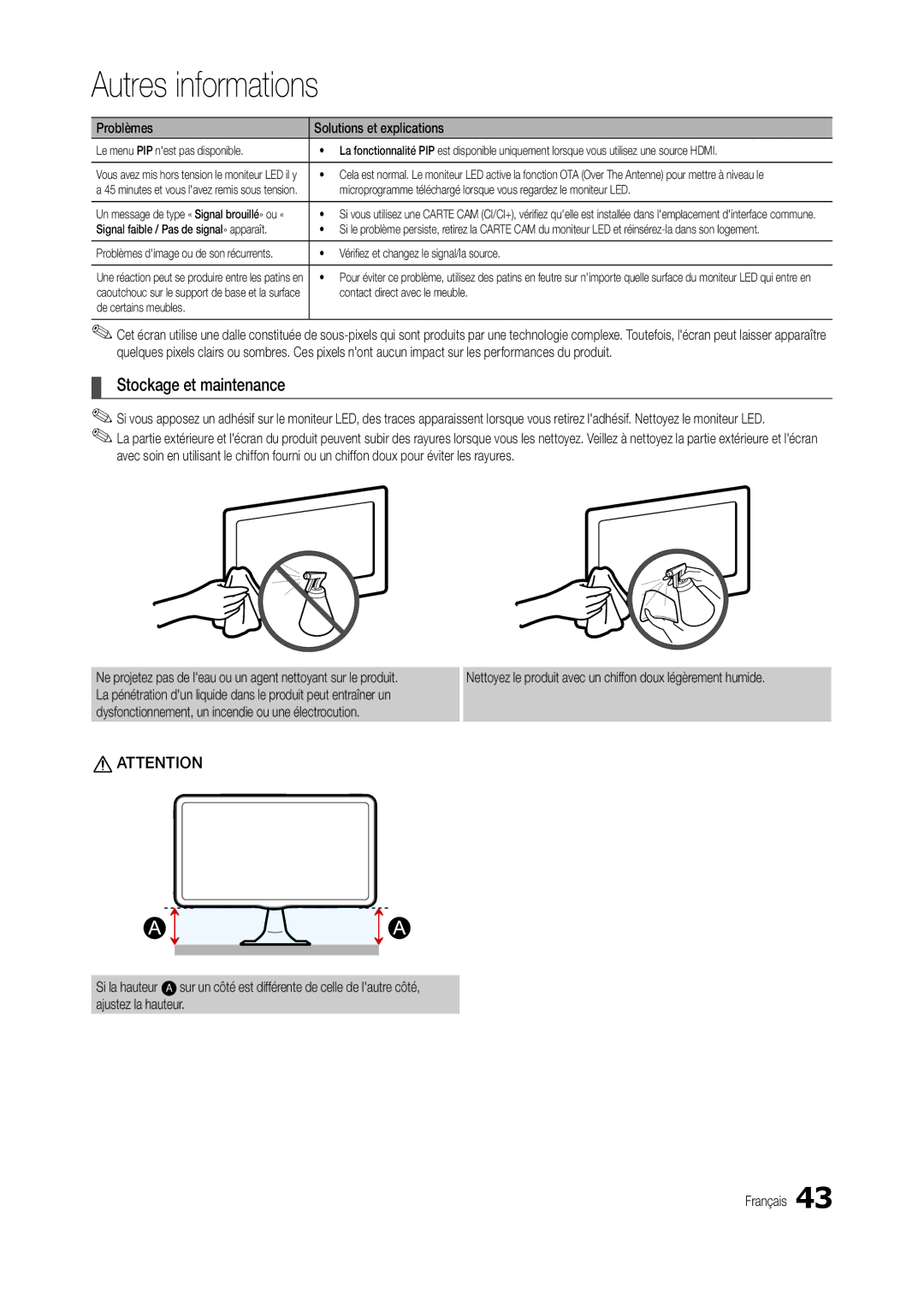 Samsung LT27B300EW/EN Stockage et maintenance, Signal faible / Pas de signal» apparaît, Contact direct avec le meuble 