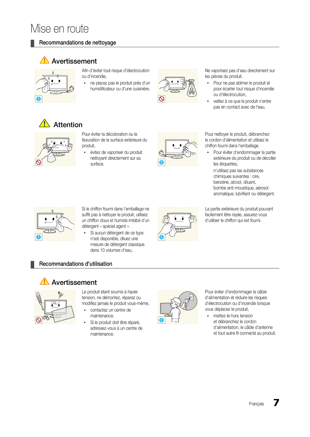 Samsung LT27B300EW/EN, LT22B350EW/EN manual Recommandations de nettoyage, Recommandations dutilisation, Dans 10 volumes deau 