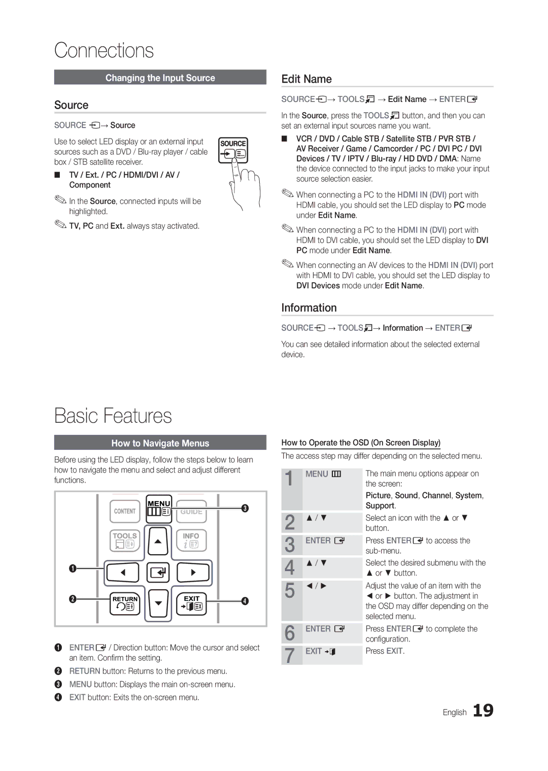 Samsung LT27B300EWY/XE, LT22B350EW/EN, LS22B350BS/EN, LT27B300EWY/EN manual Basic Features, Source, Edit Name, Information 