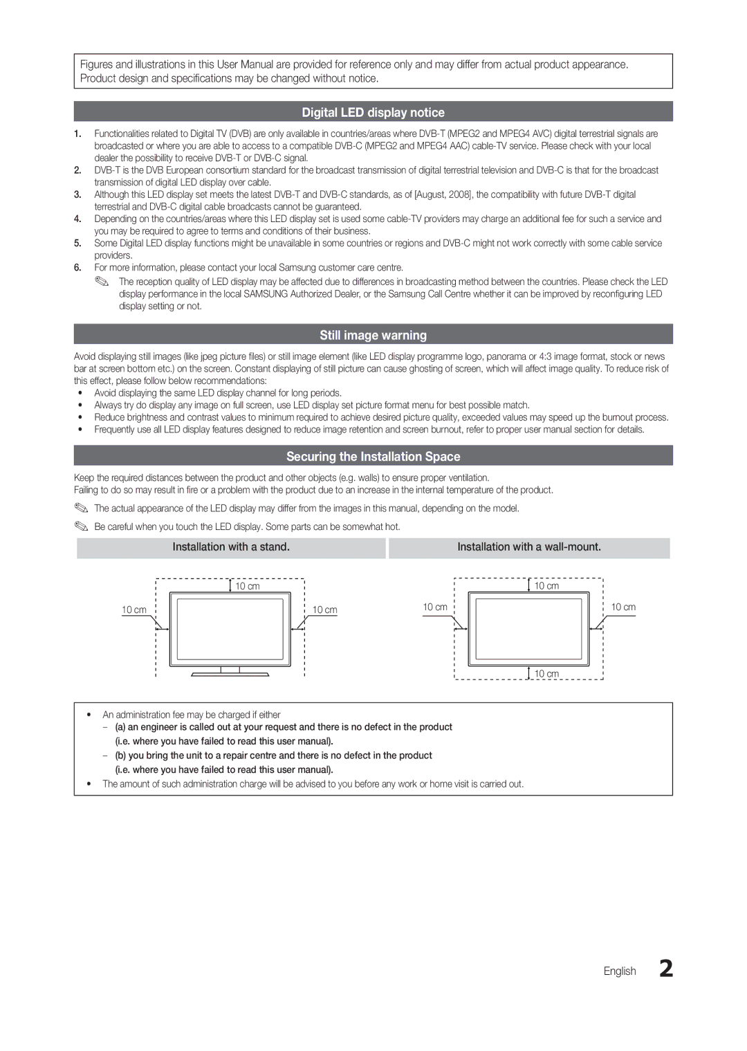 Samsung LT27B300EWY/EN, LT22B350EW/EN Digital LED display notice, Still image warning, Securing the Installation Space 