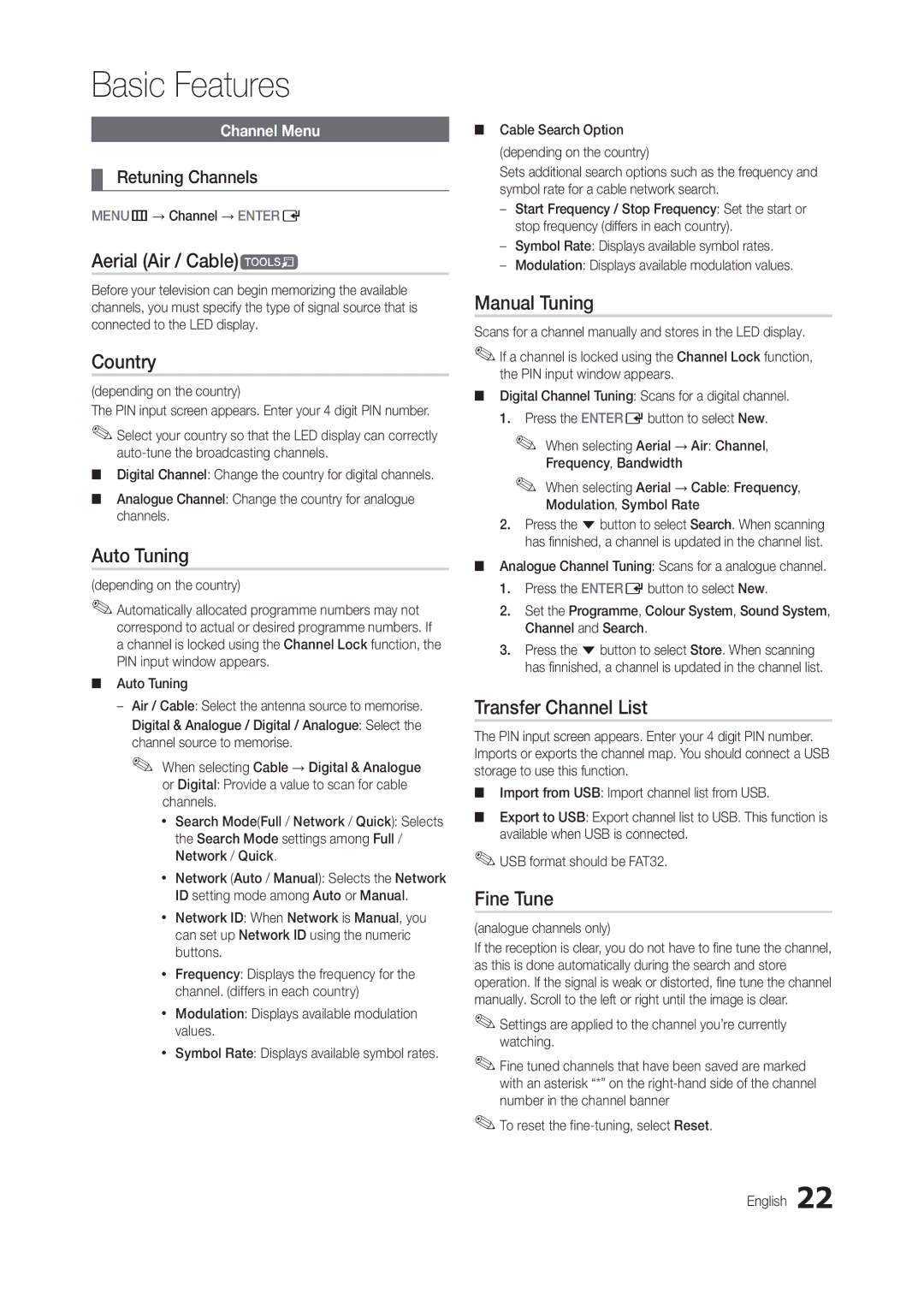 Samsung LT22B350EWH/CI manual Aerial Air / Cablet, Country, Auto Tuning, Manual Tuning, Transfer Channel List, Fine Tune 