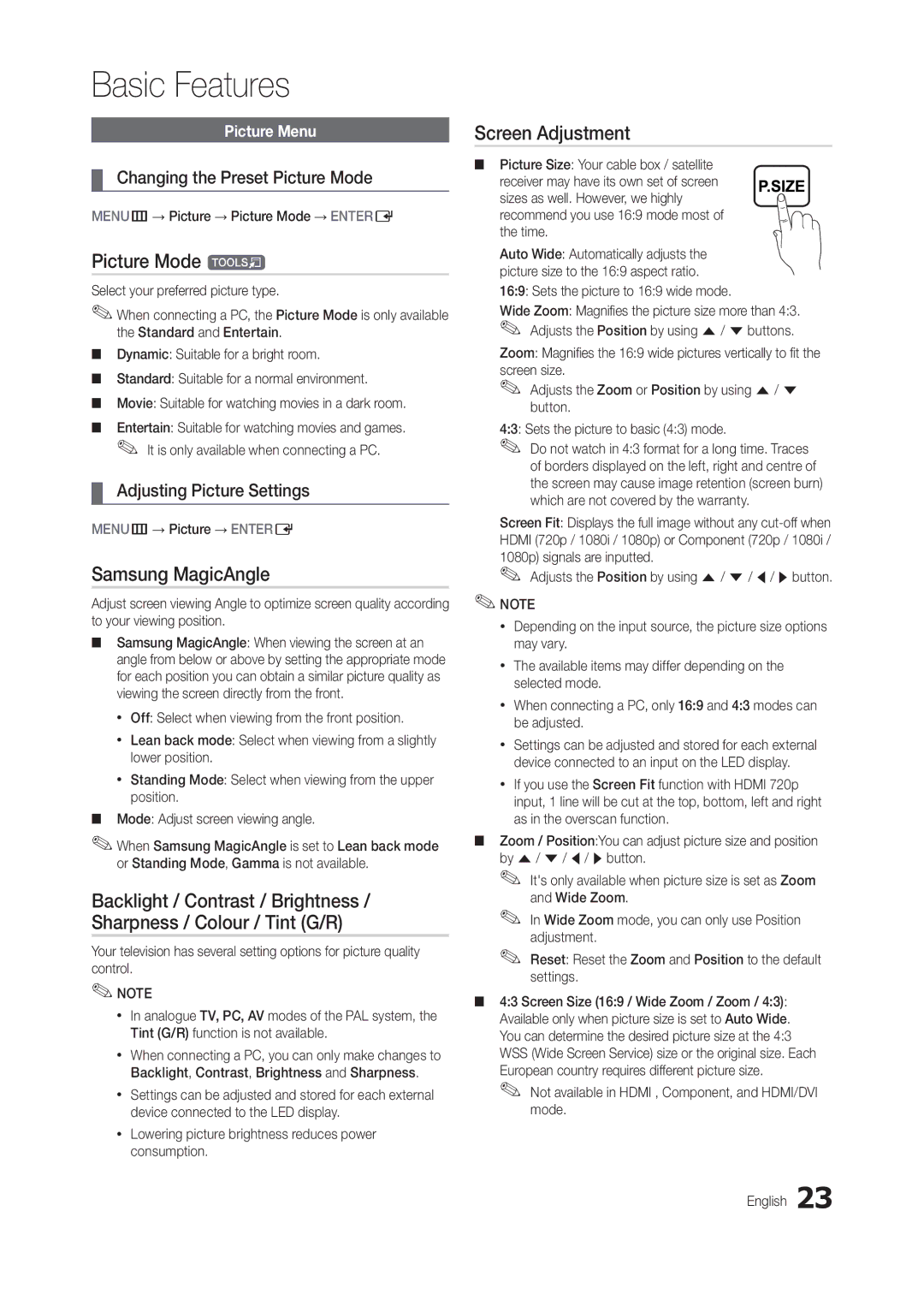 Samsung LT24B300EWH/CI manual Picture Mode t, Samsung MagicAngle, Screen Adjustment, Changing the Preset Picture Mode 