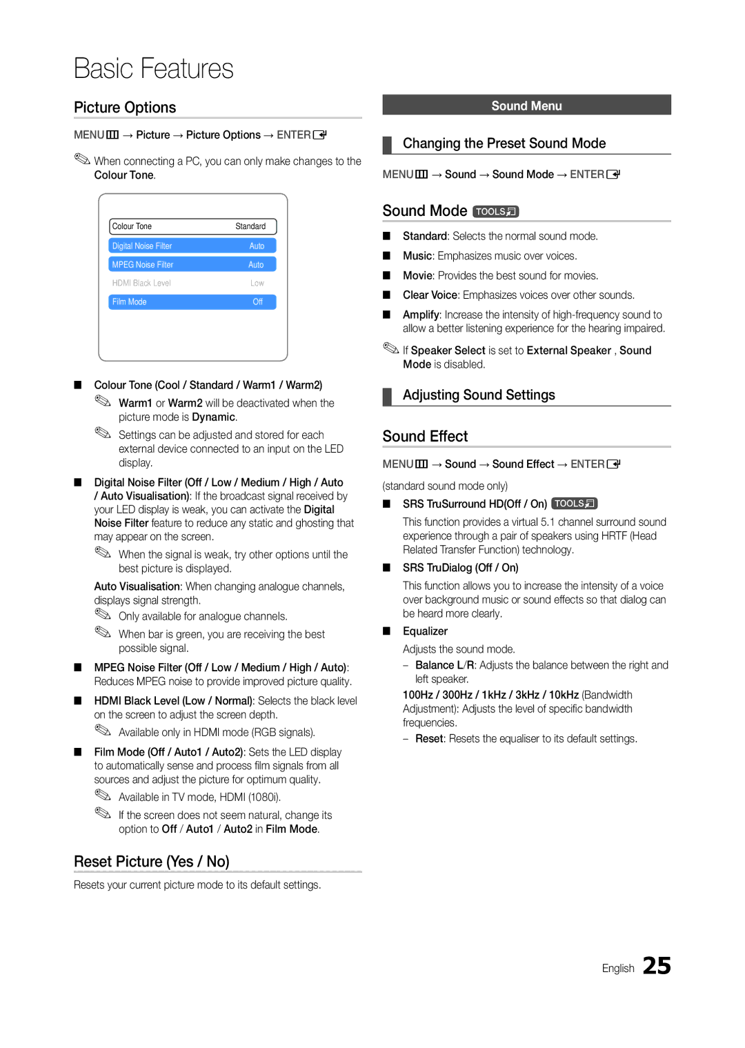 Samsung LT23B350EWH/CI, LT22B350EW/EN, LS22B350BS/EN Picture Options, Sound Mode t, Sound Effect, Reset Picture Yes / No 