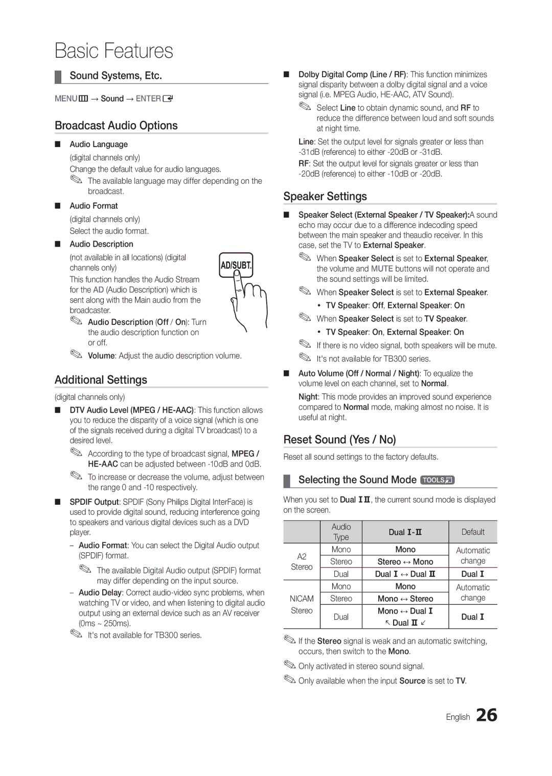 Samsung LT27B300EWH/CI, LT22B350EW/EN Broadcast Audio Options, Additional Settings, Speaker Settings, Reset Sound Yes / No 