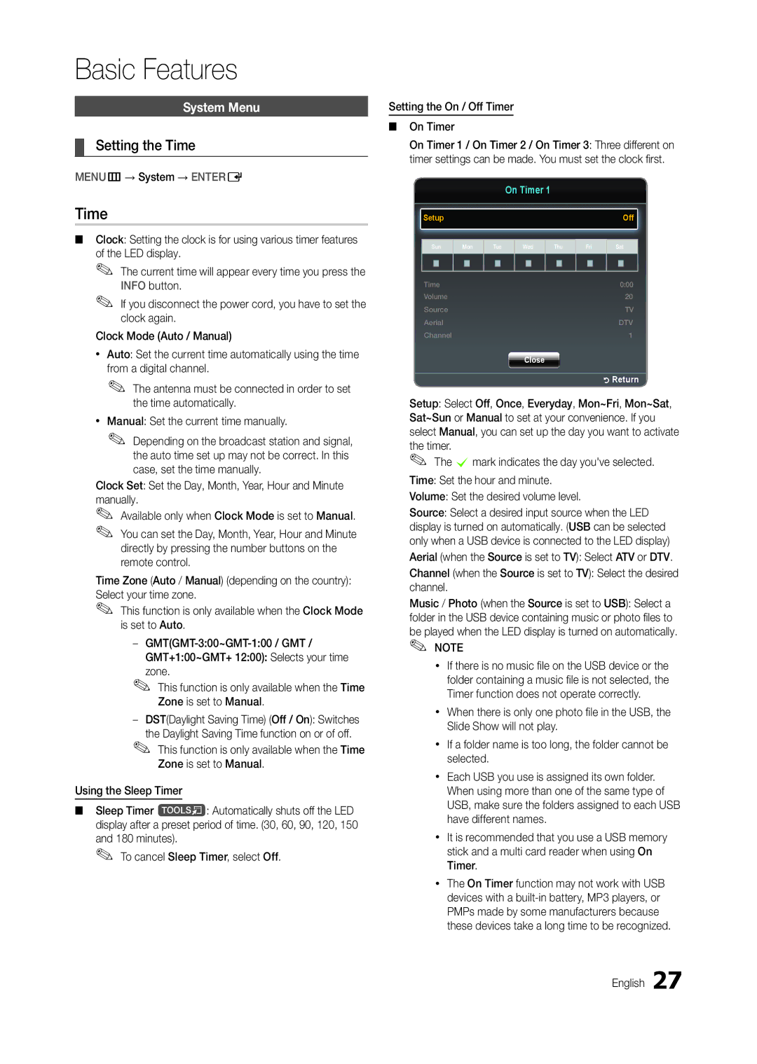 Samsung LS22B350BS/KZ, LT22B350EW/EN, LS22B350BS/EN, LT24B300EW/EN Setting the Time, System Menu, MENUm→ System → Entere 