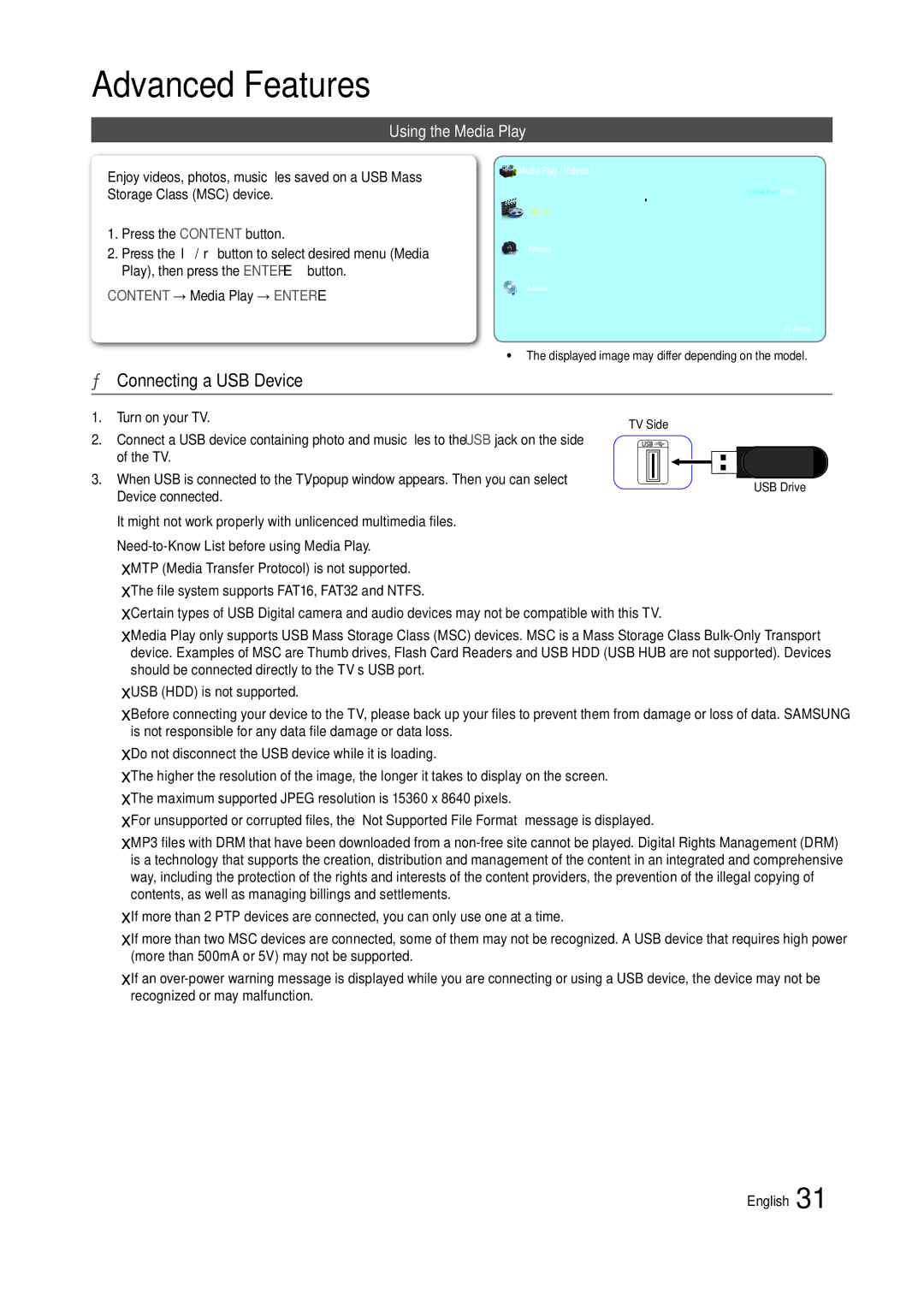 Samsung LT22B300MW/ZN Advanced Features, Connecting a USB Device, Using the Media Play, Turn on your TV, Device connected 