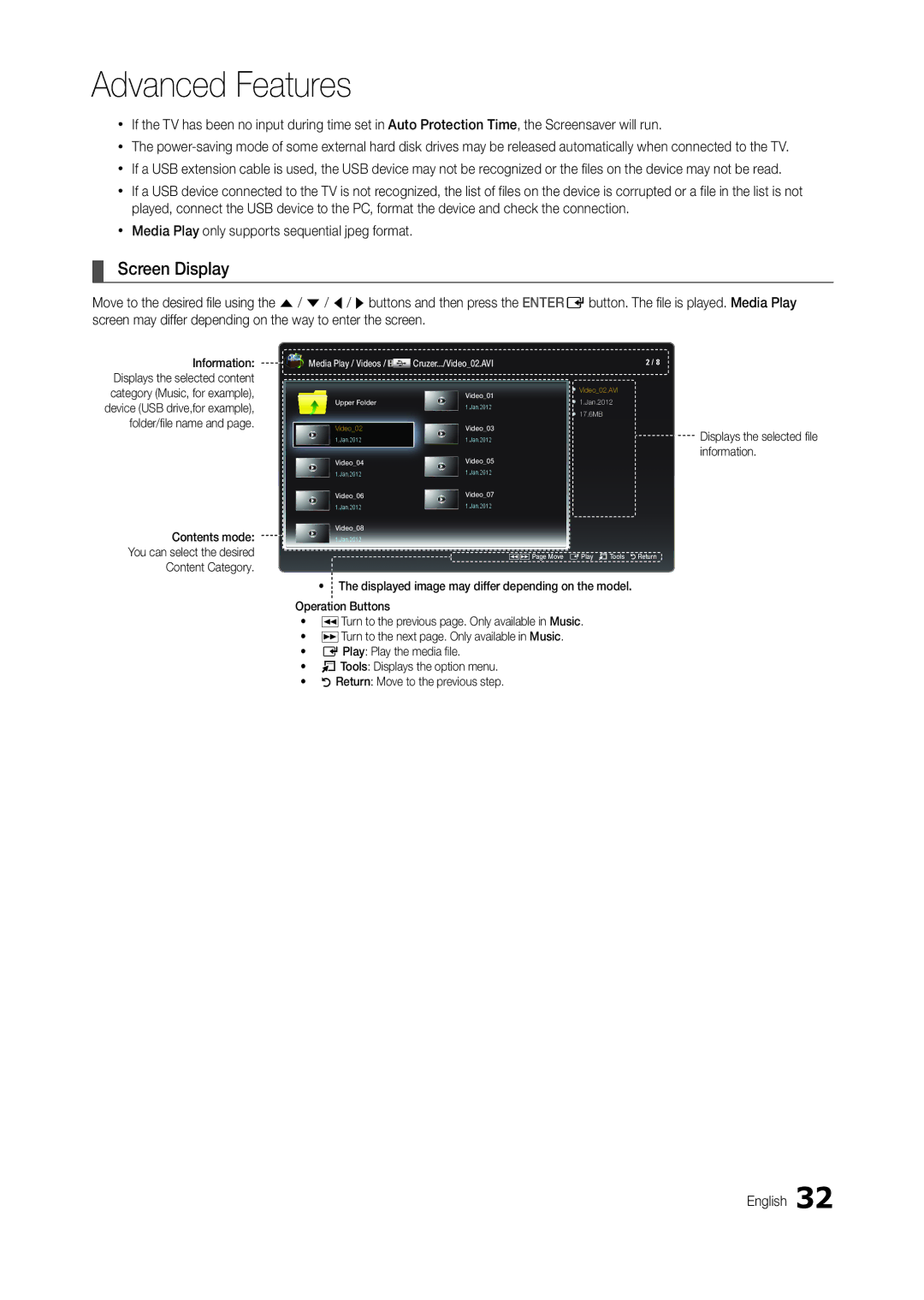 Samsung LS22B350BS/CH, LT22B350EW/EN, LS22B350BS/EN manual Screen Display, Xx Media Play only supports sequential jpeg format 