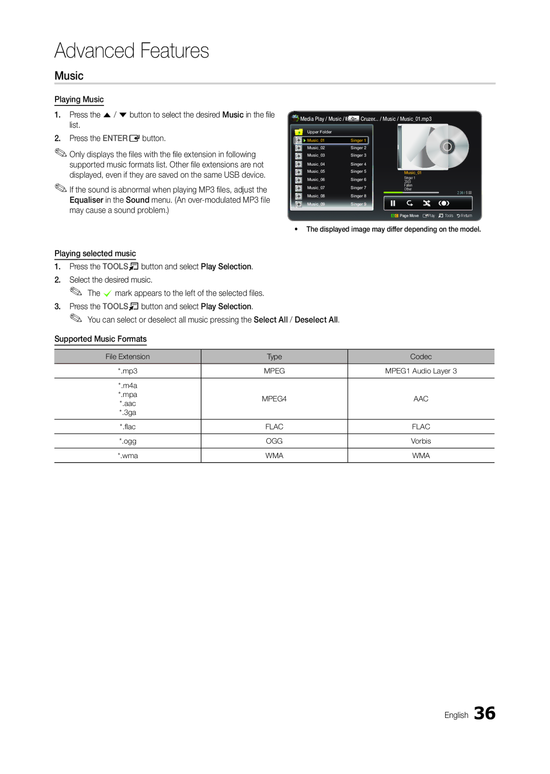 Samsung LT24B300EW/EN, LT22B350EW/EN, LS22B350BS/EN, LT27B300EWY/EN, LT23B350EW/EN manual Music, File Extension Type Codec 