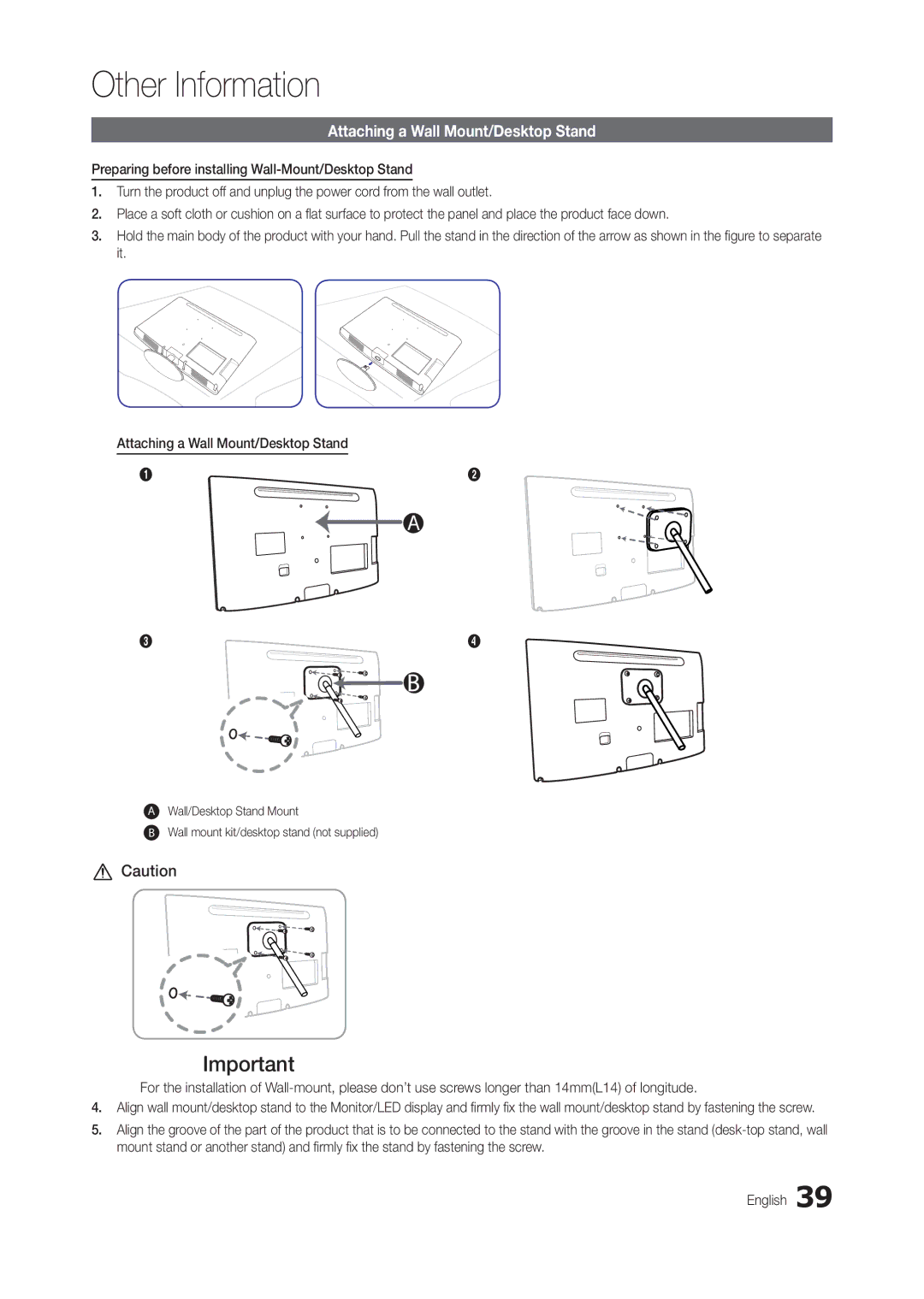 Samsung LT24B350EW/EN, LT22B350EW/EN, LS22B350BS/EN, LT27B300EWY/EN, LT24B300EW/EN manual Attaching a Wall Mount/Desktop Stand 