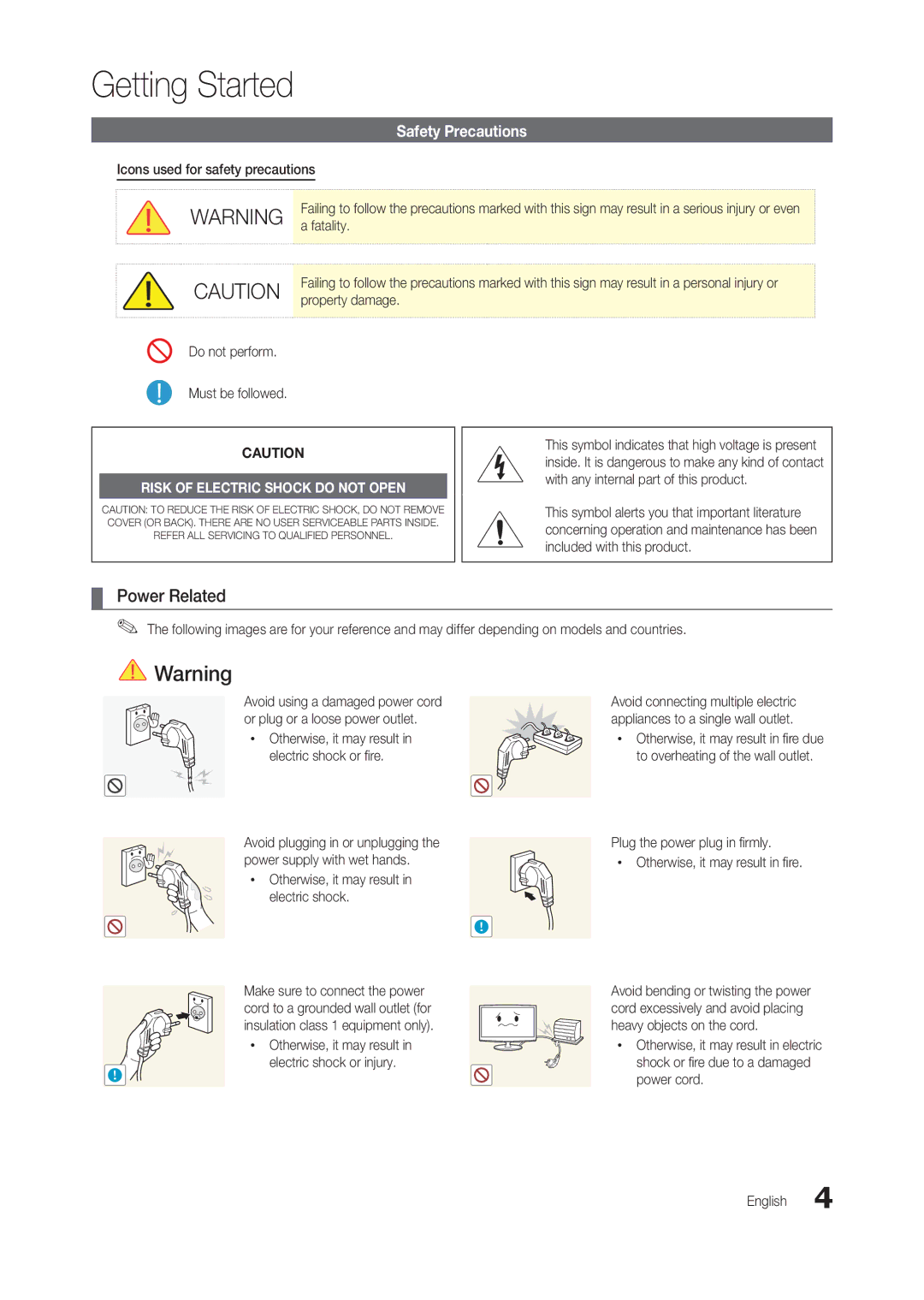 Samsung LT23B350EW/EN, LT22B350EW/EN, LS22B350BS/EN, LT27B300EWY/EN manual Getting Started, Power Related, Safety Precautions 