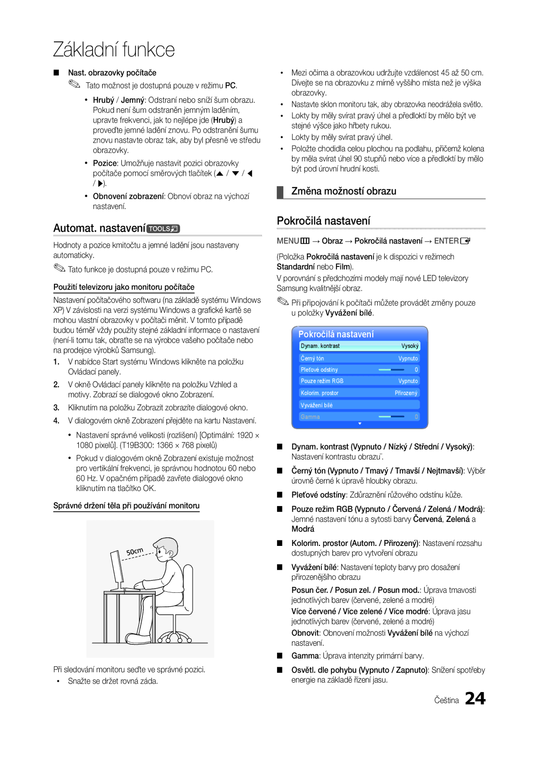 Samsung LT24B300EW/EN, LT22B350EW/EN, LS22B350BS/EN manual Automat. nastavenít, Pokročilá nastavení, Změna možností obrazu 