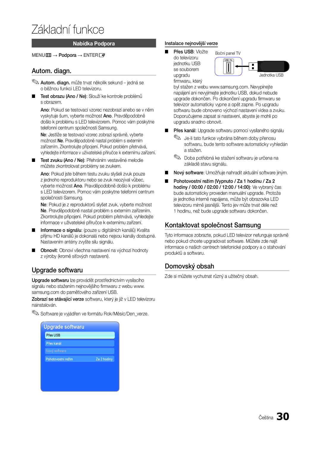 Samsung LT27B300EWY/EN, LT22B350EW/EN manual Autom. diagn, Upgrade softwaru, Kontaktovat společnost Samsung, Domovský obsah 