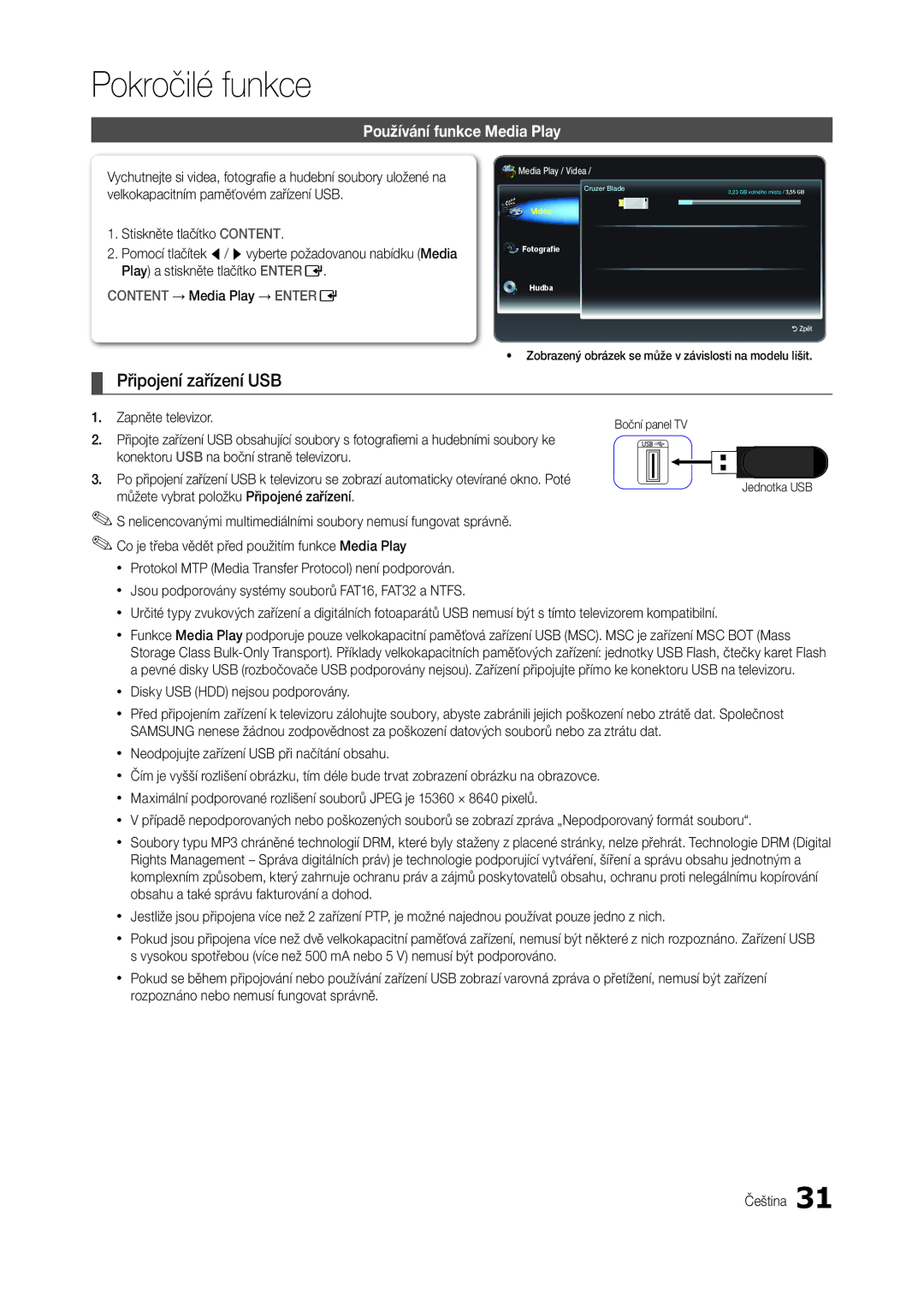 Samsung LT24B300EW/EN, LT22B350EW/EN, LS22B350BS/EN Pokročilé funkce, Připojení zařízení USB, Používání funkce Media Play 