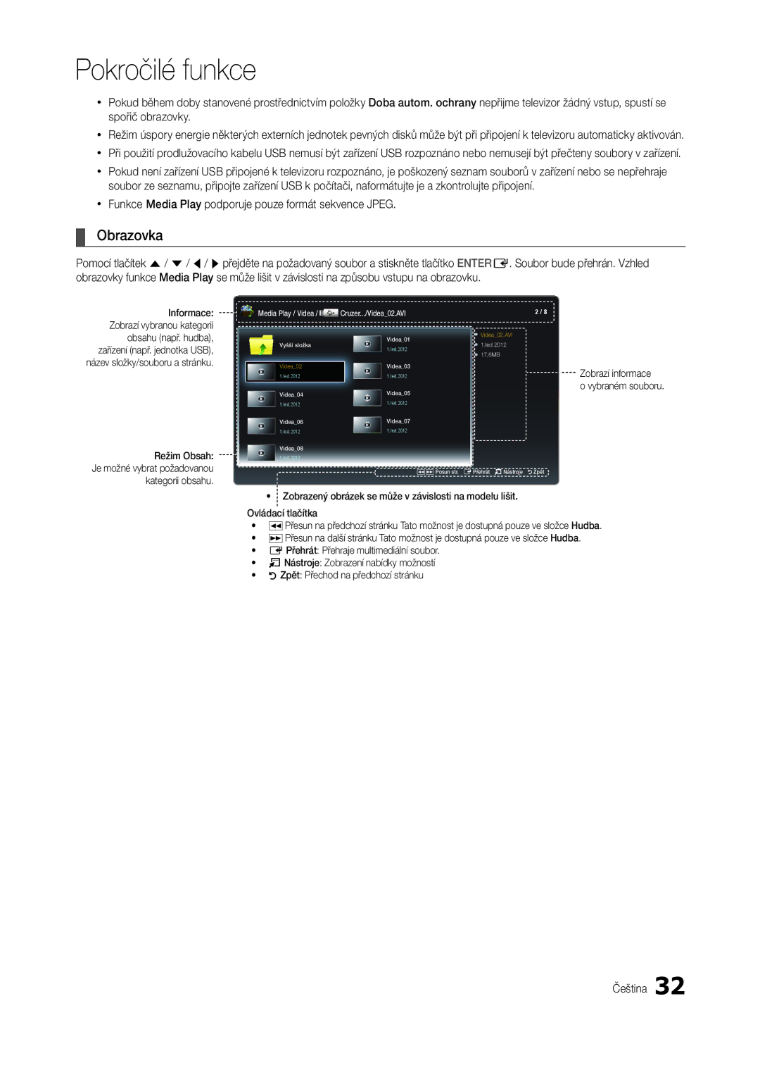 Samsung LT23B350EW/EN, LT22B350EW/EN, LS22B350BS/EN manual Obrazovka, Funkce Media Play podporuje pouze formát sekvence Jpeg 