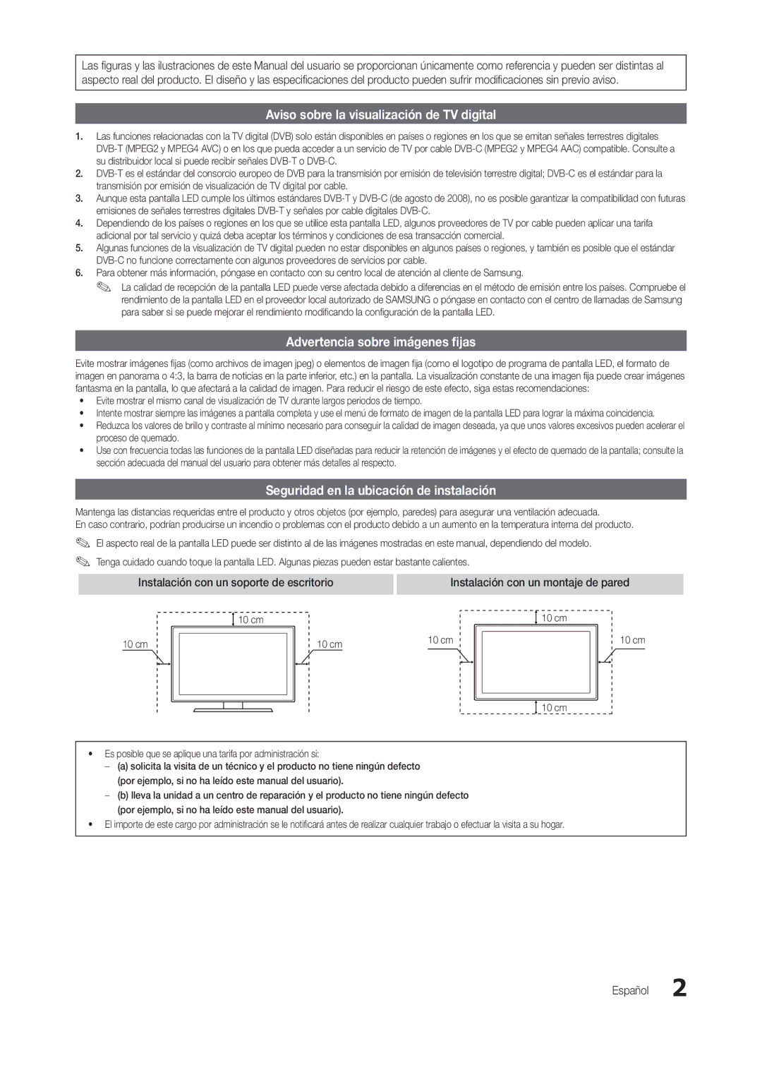 Samsung LT23B350EW/EN, LT22B350EW/EN manual Aviso sobre la visualización de TV digital, Advertencia sobre imágenes fijas 