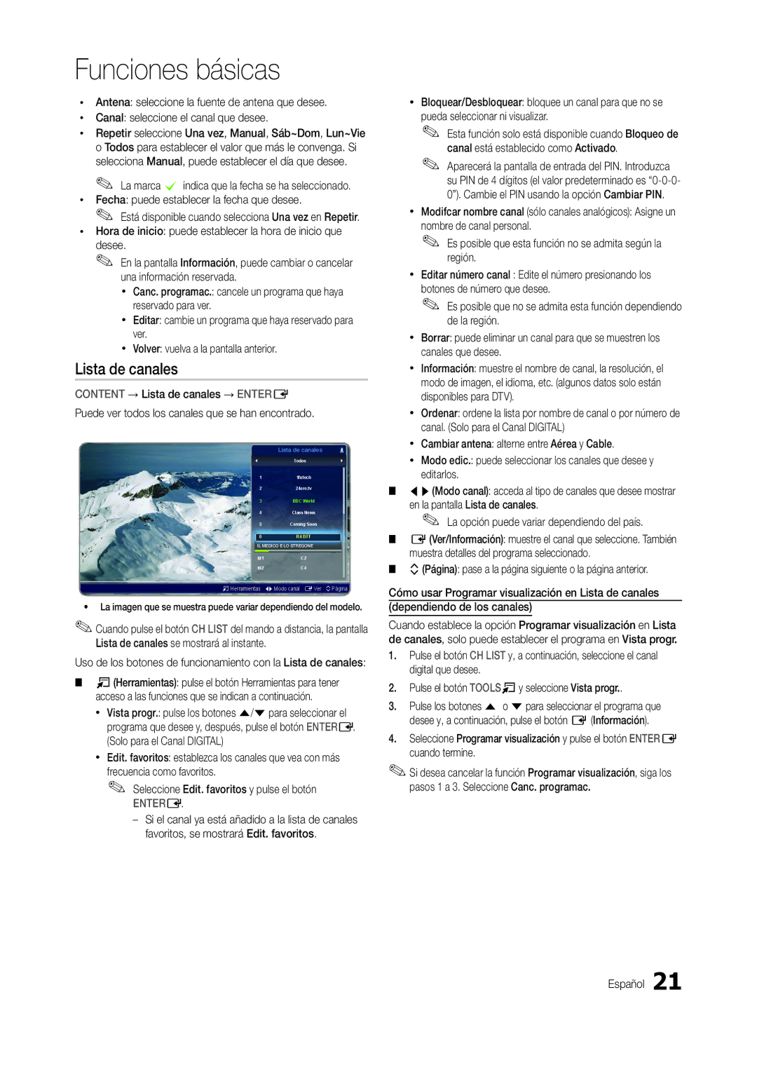 Samsung LT22B350EW/EN, LT24B300EW/EN manual Lista de canales, Es posible que esta función no se admita según la región 