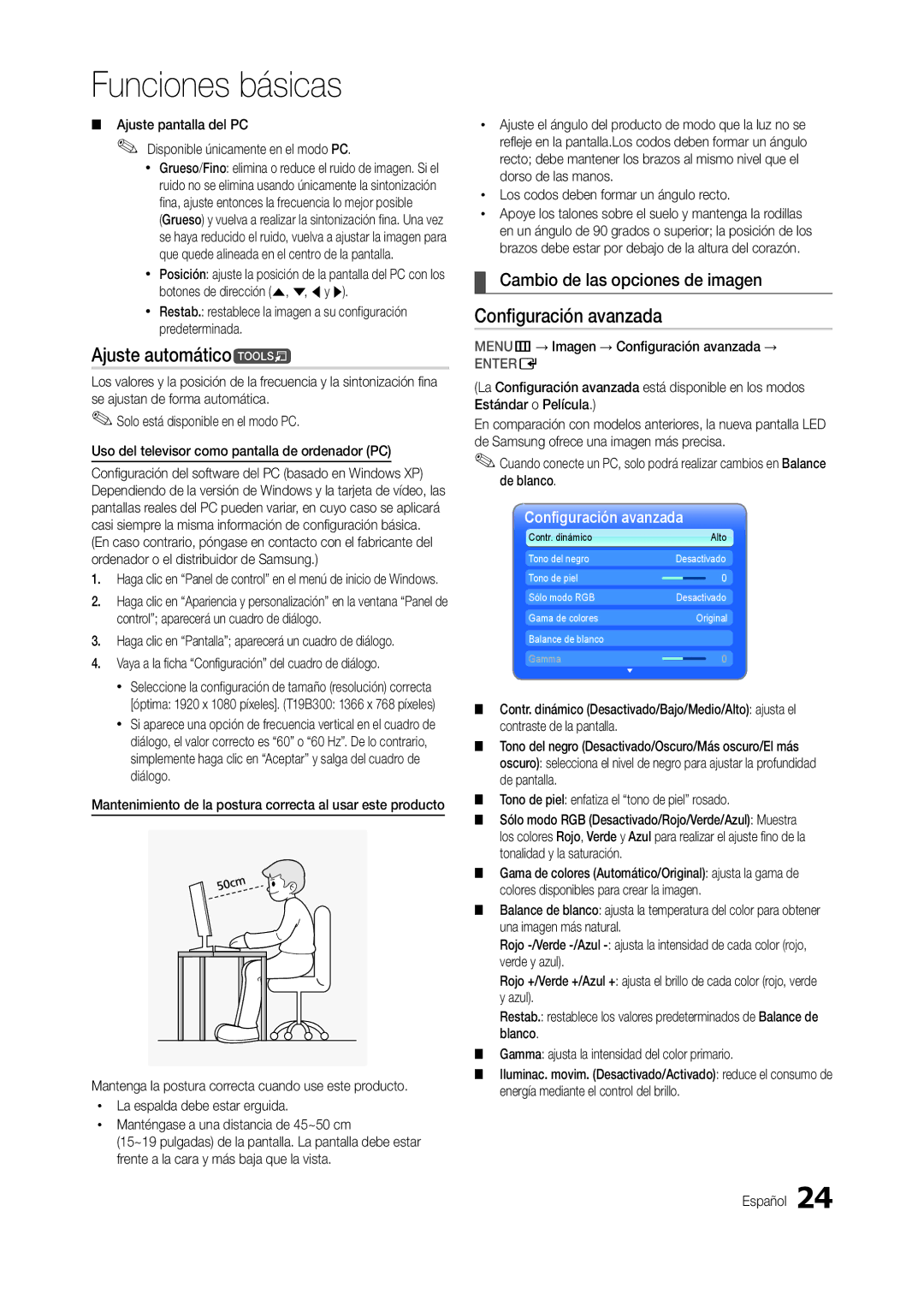 Samsung LT22B300EW/EN, LT22B350EW/EN manual Ajuste automáticot, Configuración avanzada, Cambio de las opciones de imagen 