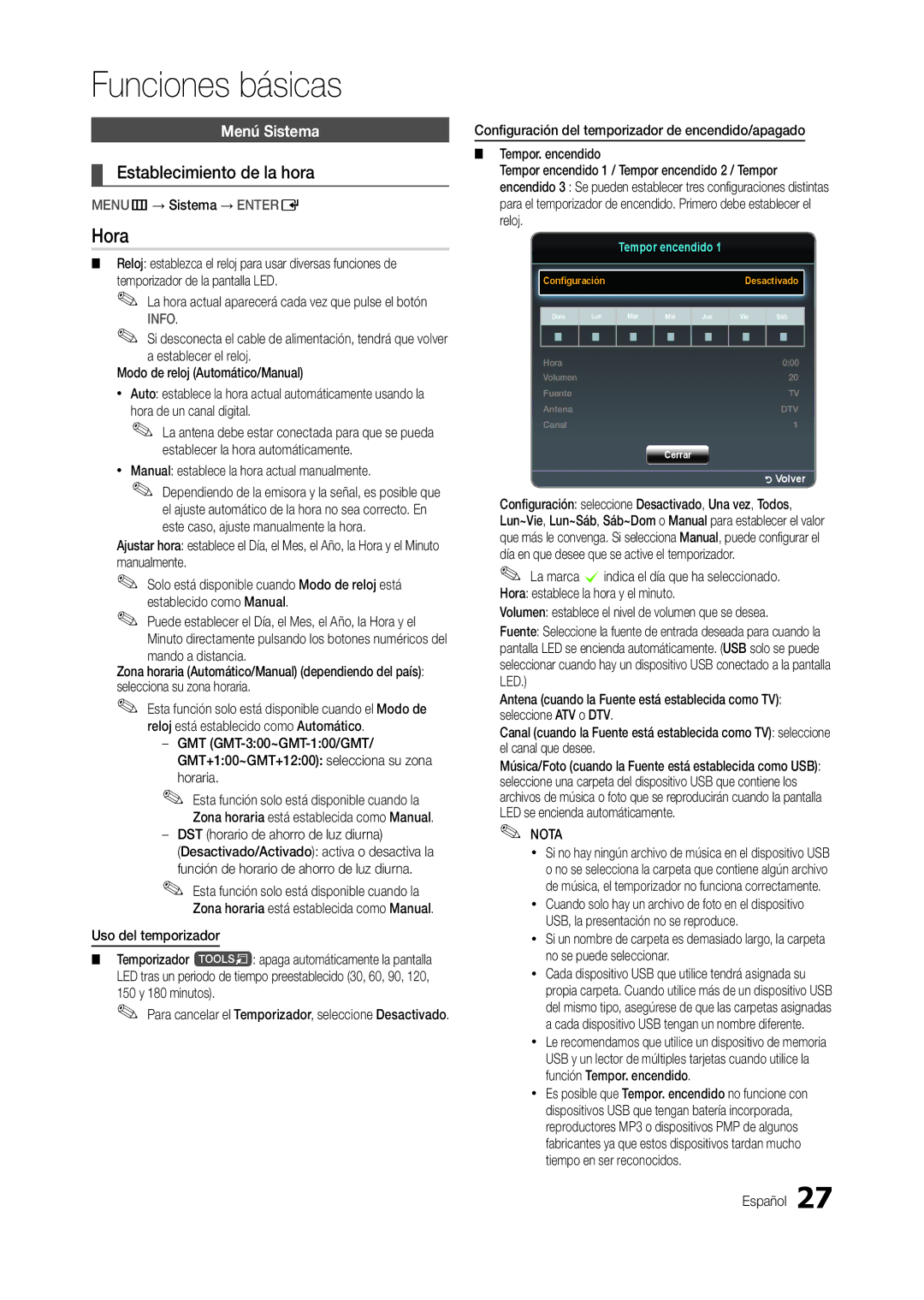 Samsung LT19B300EW/EN, LT22B350EW/EN, LT24B300EW/EN, LT23B350EW/EN manual Hora, Establecimiento de la hora, Menú Sistema 