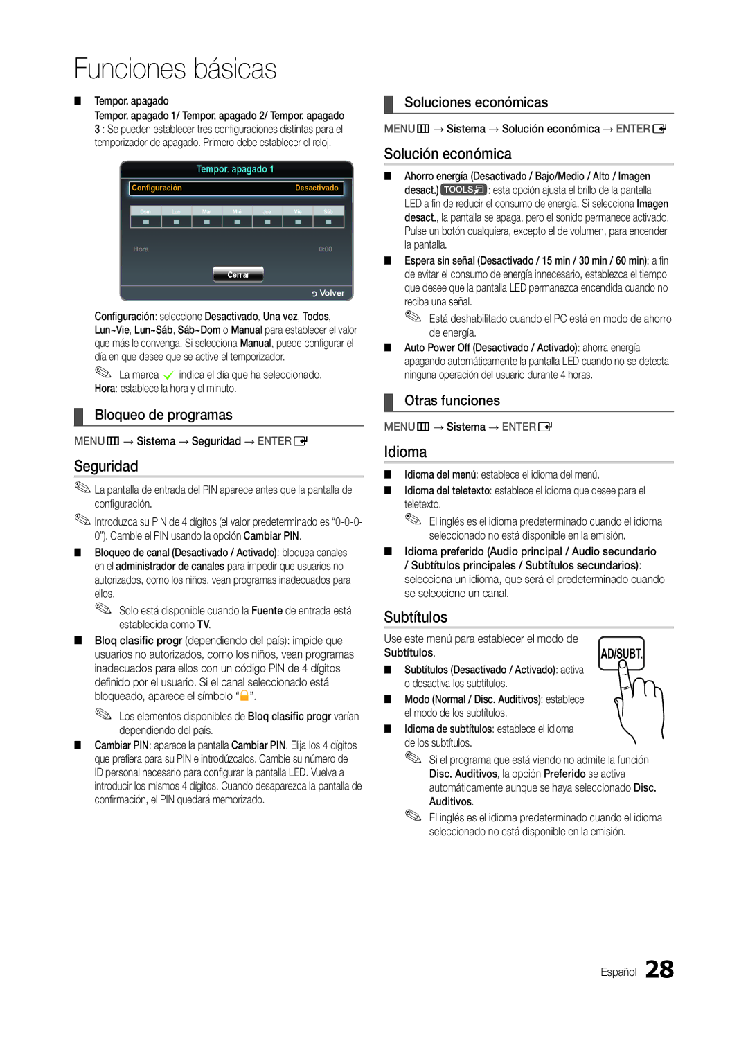 Samsung LT22B350EW/EN, LT24B300EW/EN, LT23B350EW/EN, LT22B300EW/EN manual Seguridad, Solución económica, Idioma, Subtítulos 