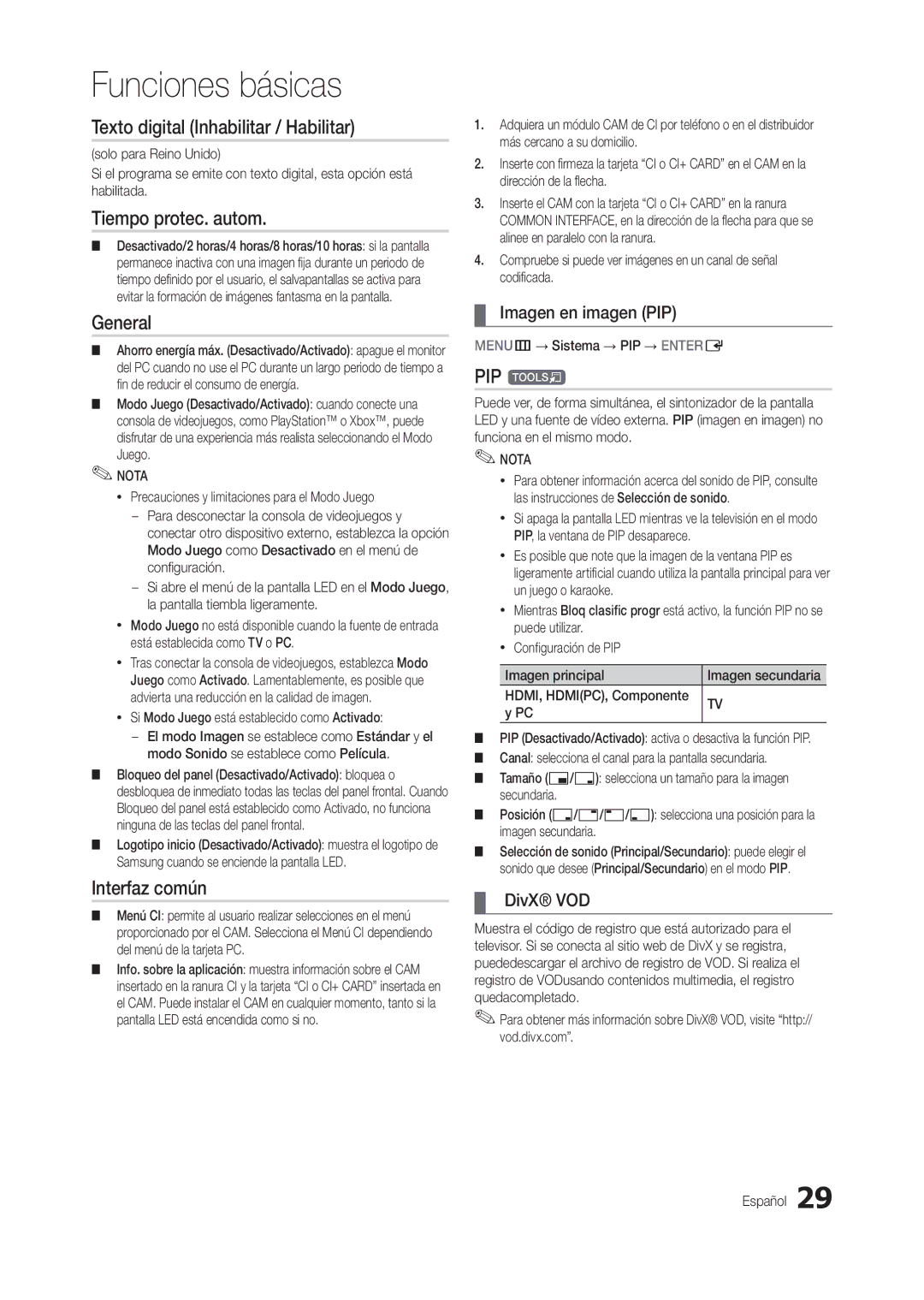 Samsung LT24B300EW/EN manual Texto digital Inhabilitar / Habilitar, Tiempo protec. autom, General, Interfaz común, PIP t 