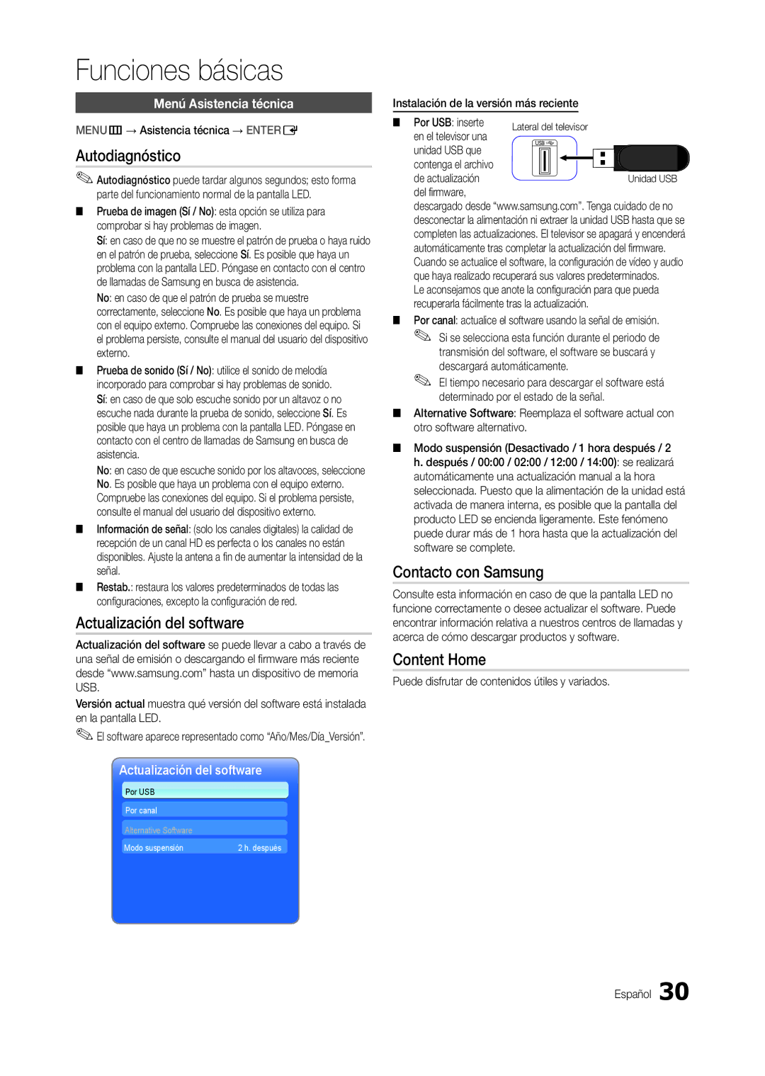 Samsung LT23B350EW/EN, LT22B350EW/EN manual Autodiagnóstico, Actualización del software, Contacto con Samsung, Content Home 