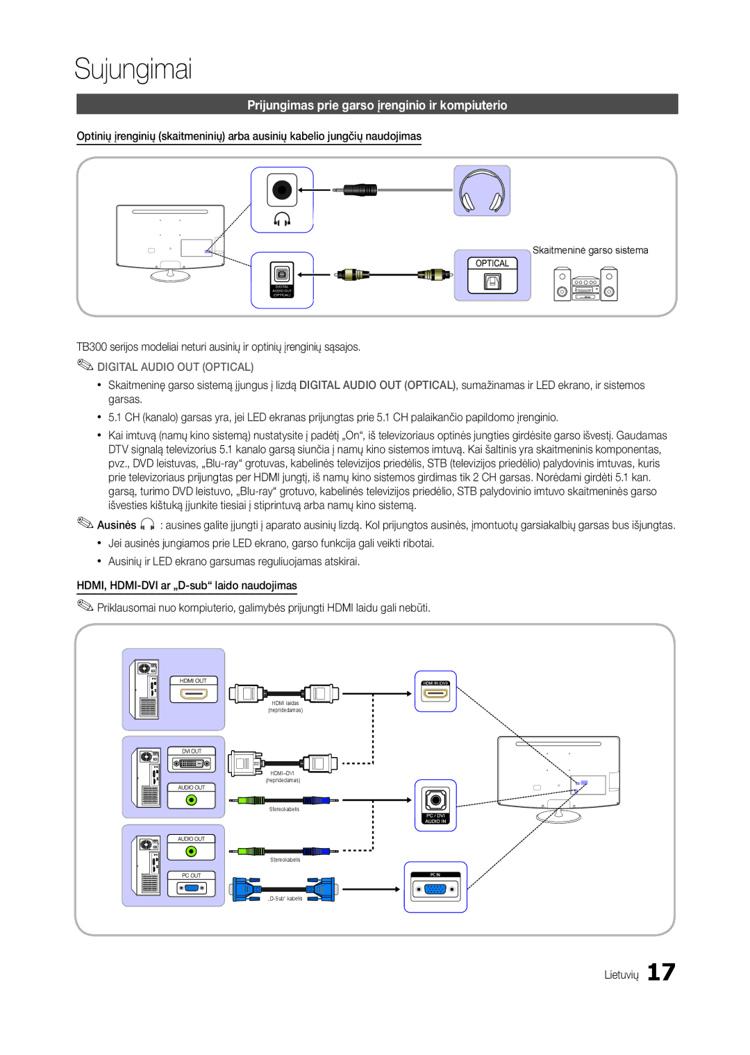 Samsung LT22B300EW/EN, LT22B350EW/EN manual Prijungimas prie garso įrenginio ir kompiuterio, Digital Audio OUT Optical 